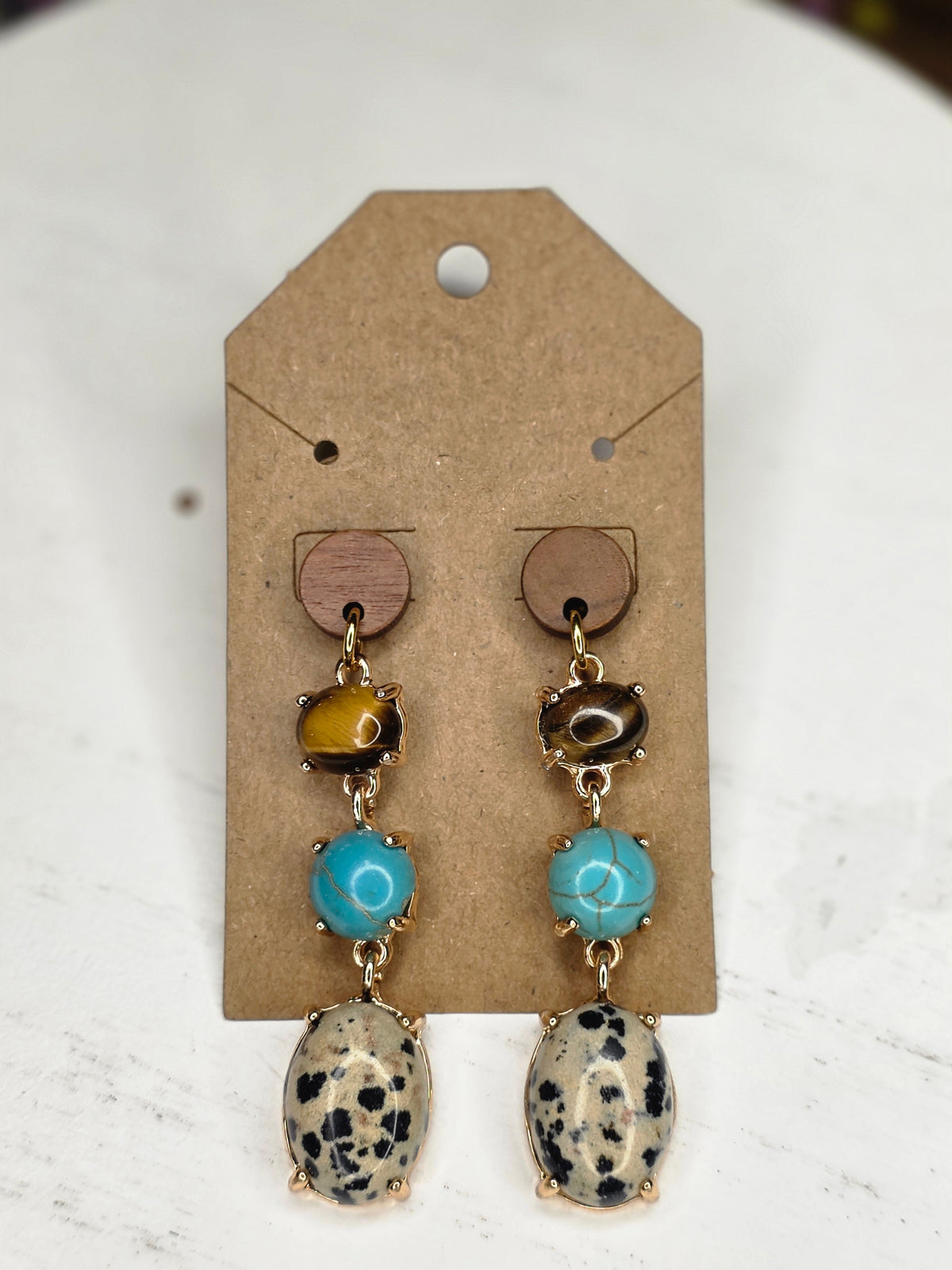 Tiger Eye, Turquoise & Dalmatian Jasper Triple Drop Earrings
