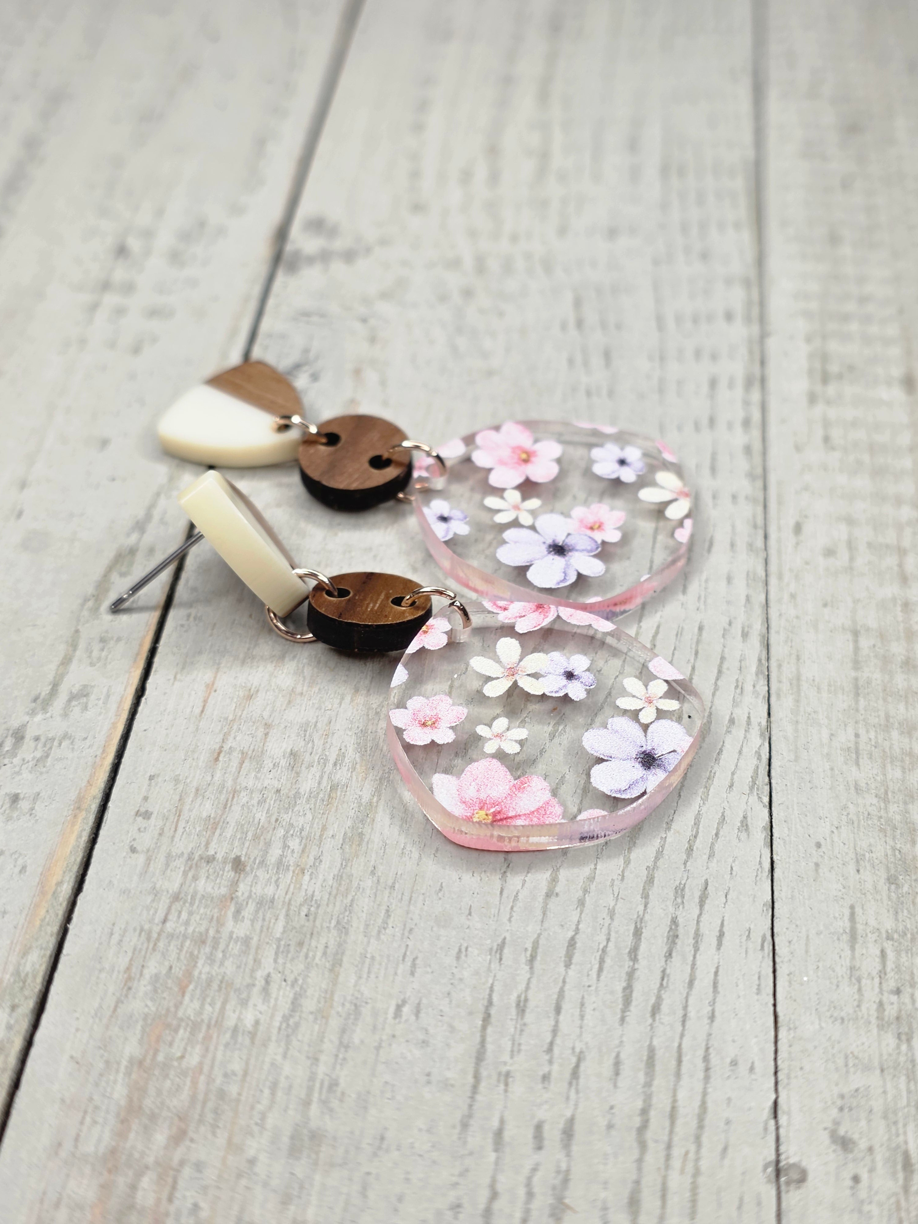 Cherry Blossom Acrylic & Wood Dangle Earrings