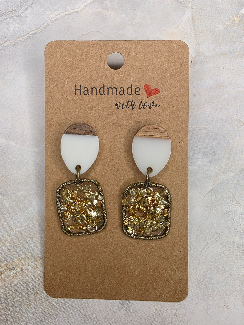 Gold Crushed Glass & Wood Drop Earrings