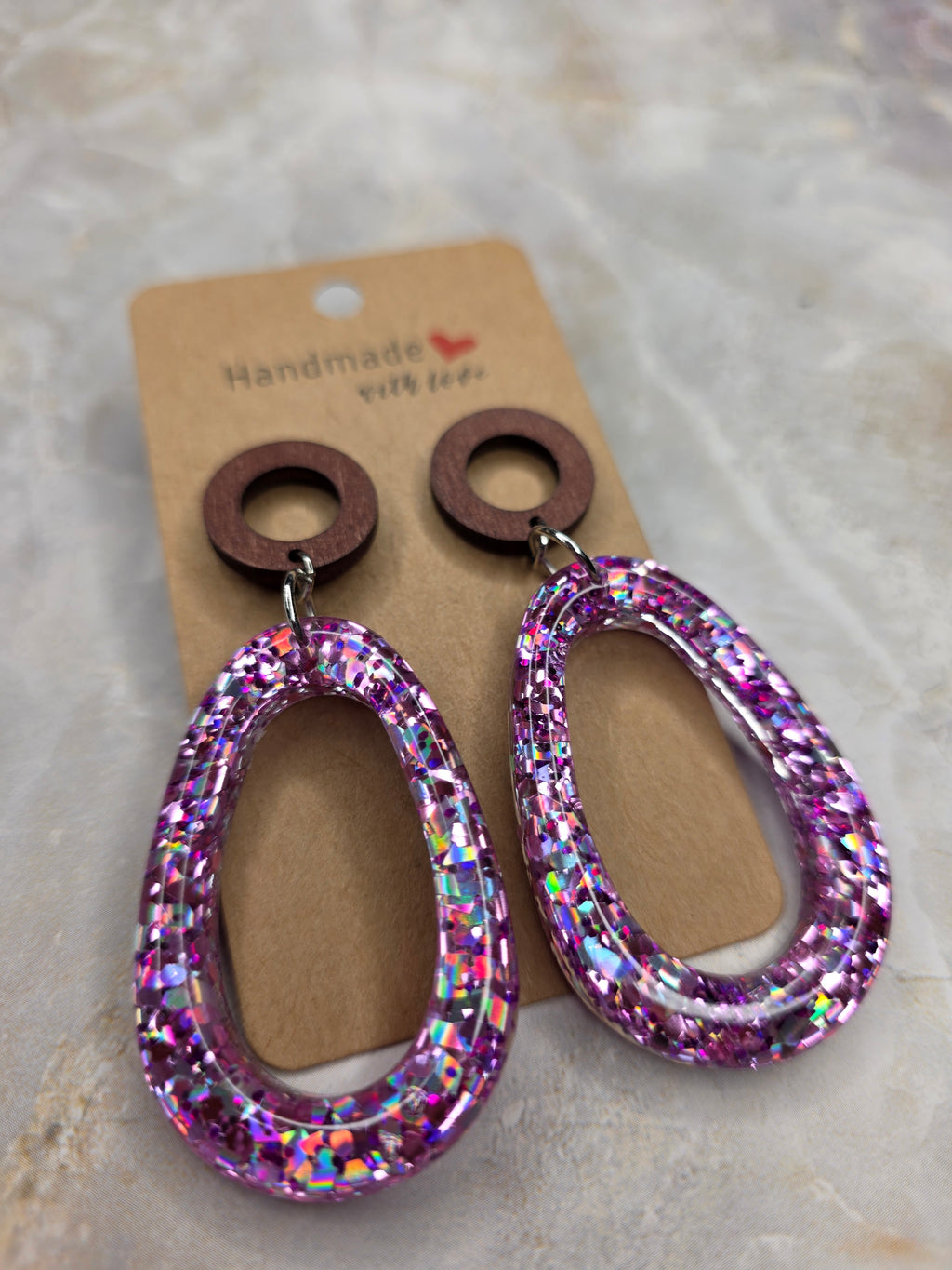 Purple Holographic Wood & Resin Drop Earrings