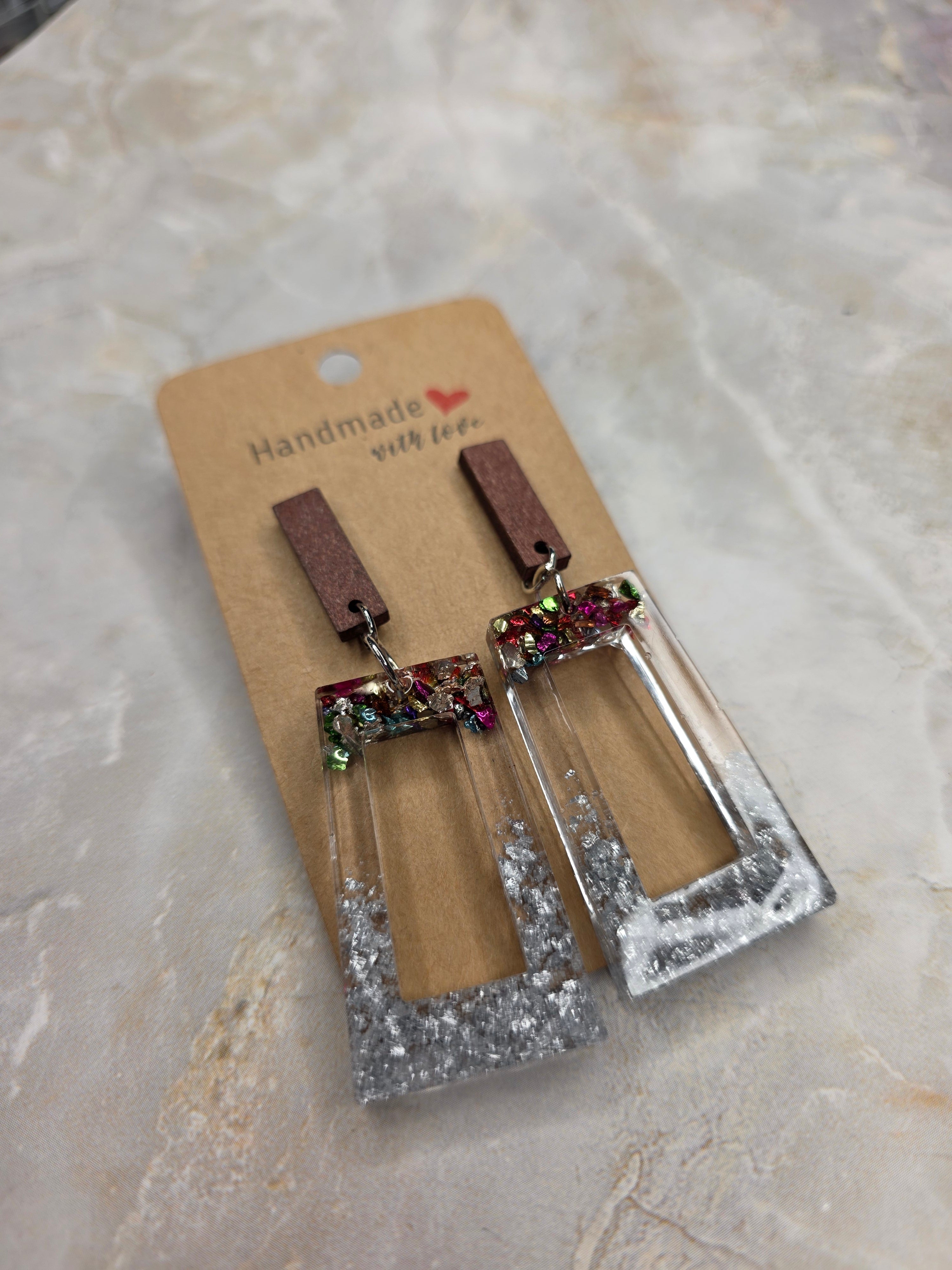 Boho Wood & Resin Drop Earrings - Multicolor Glitter