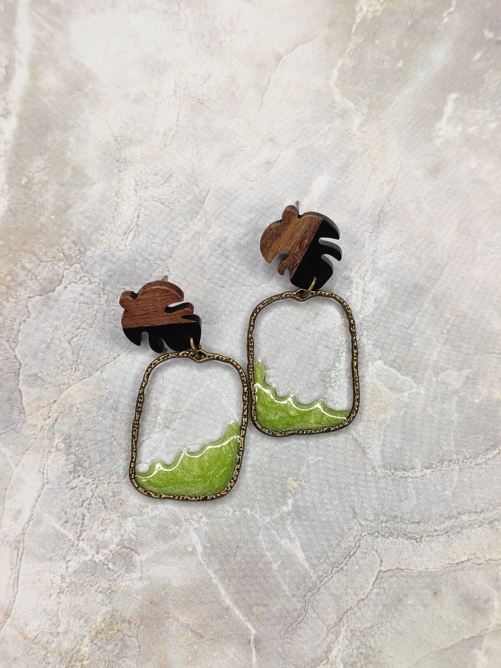 Wood & Resin Monstera Leaf Dangle Earrings |