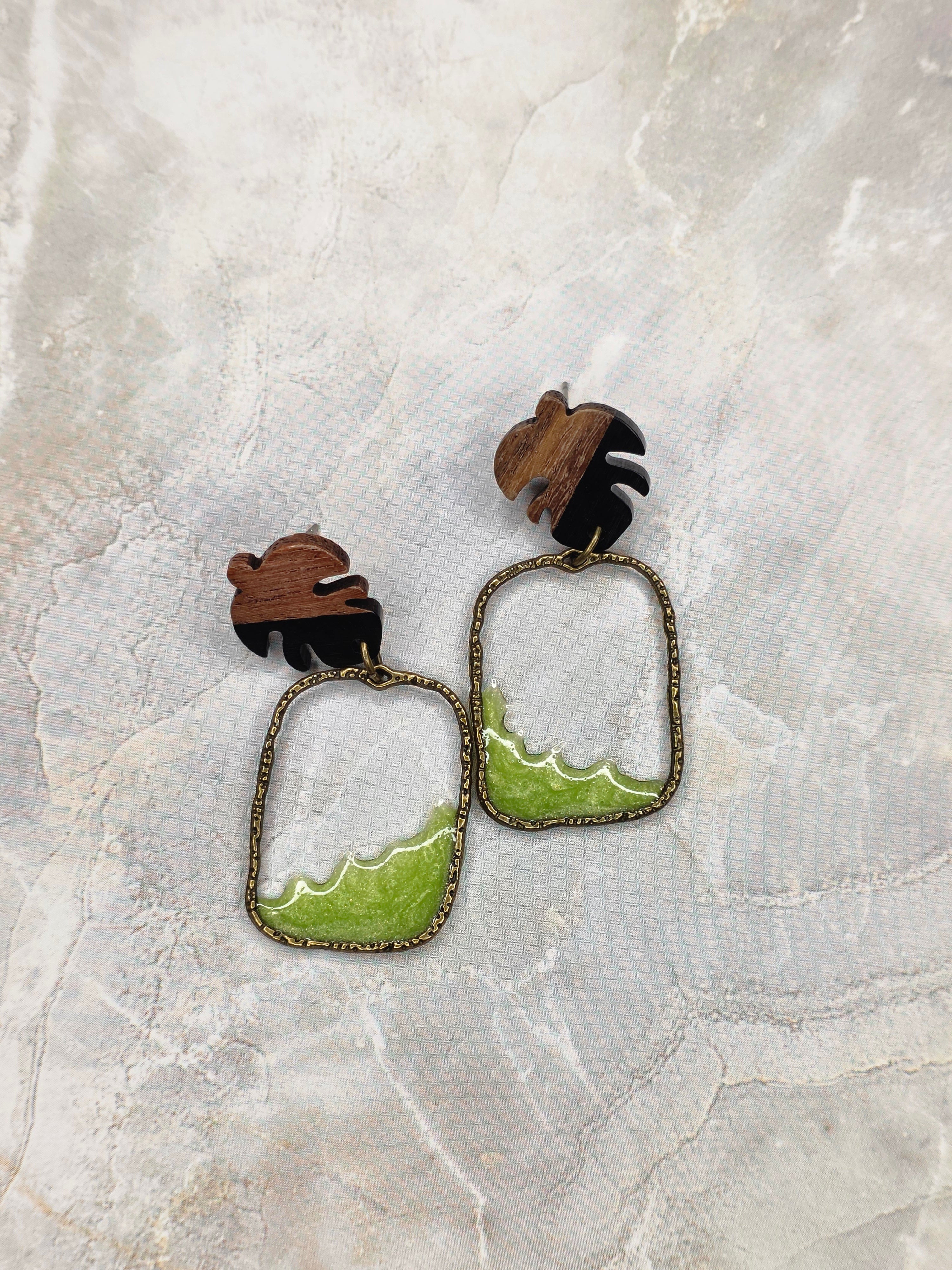 Wood & Resin Monstera Leaf Dangle Earrings |