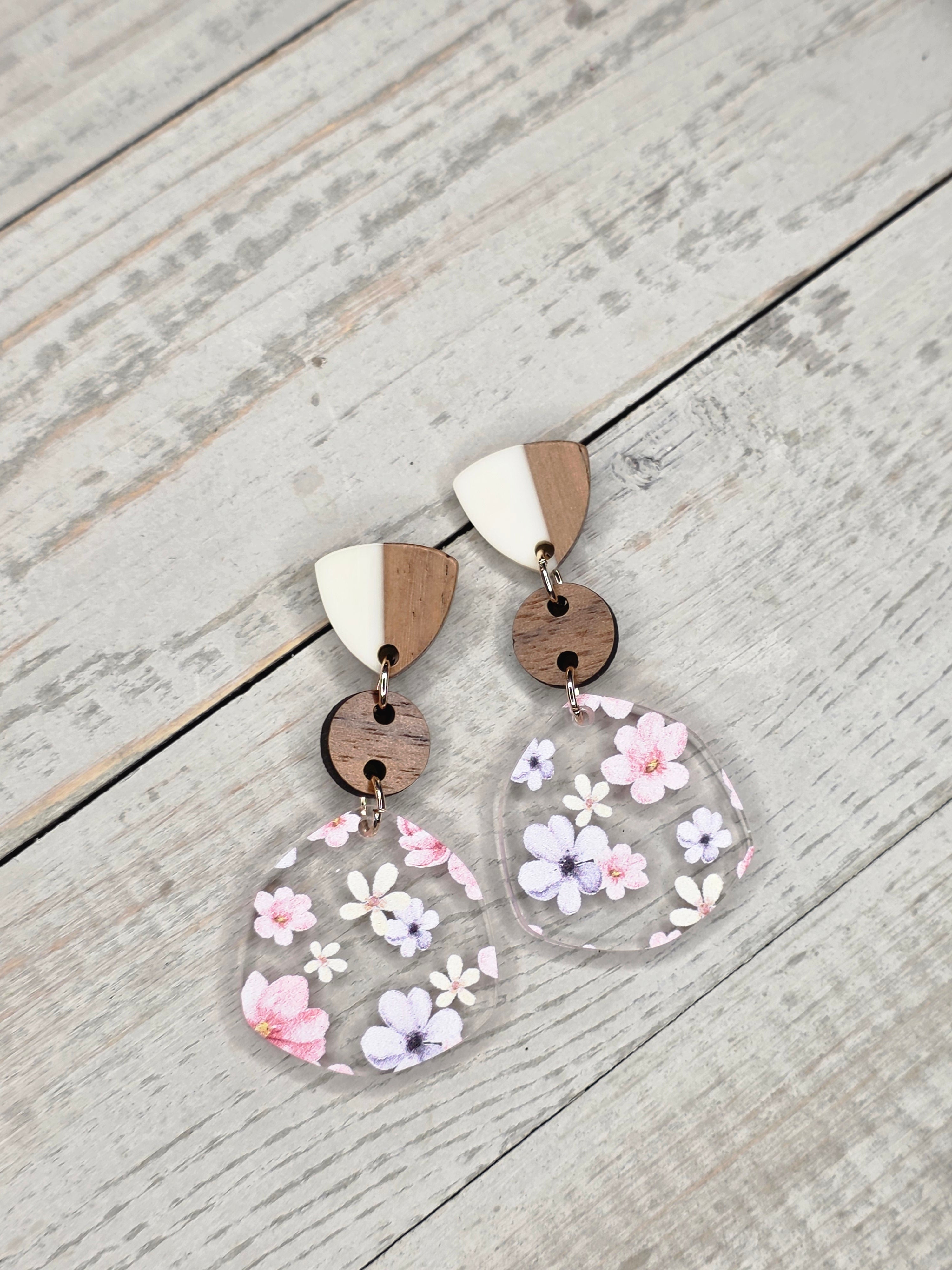 Cherry Blossom Acrylic & Wood Dangle Earrings