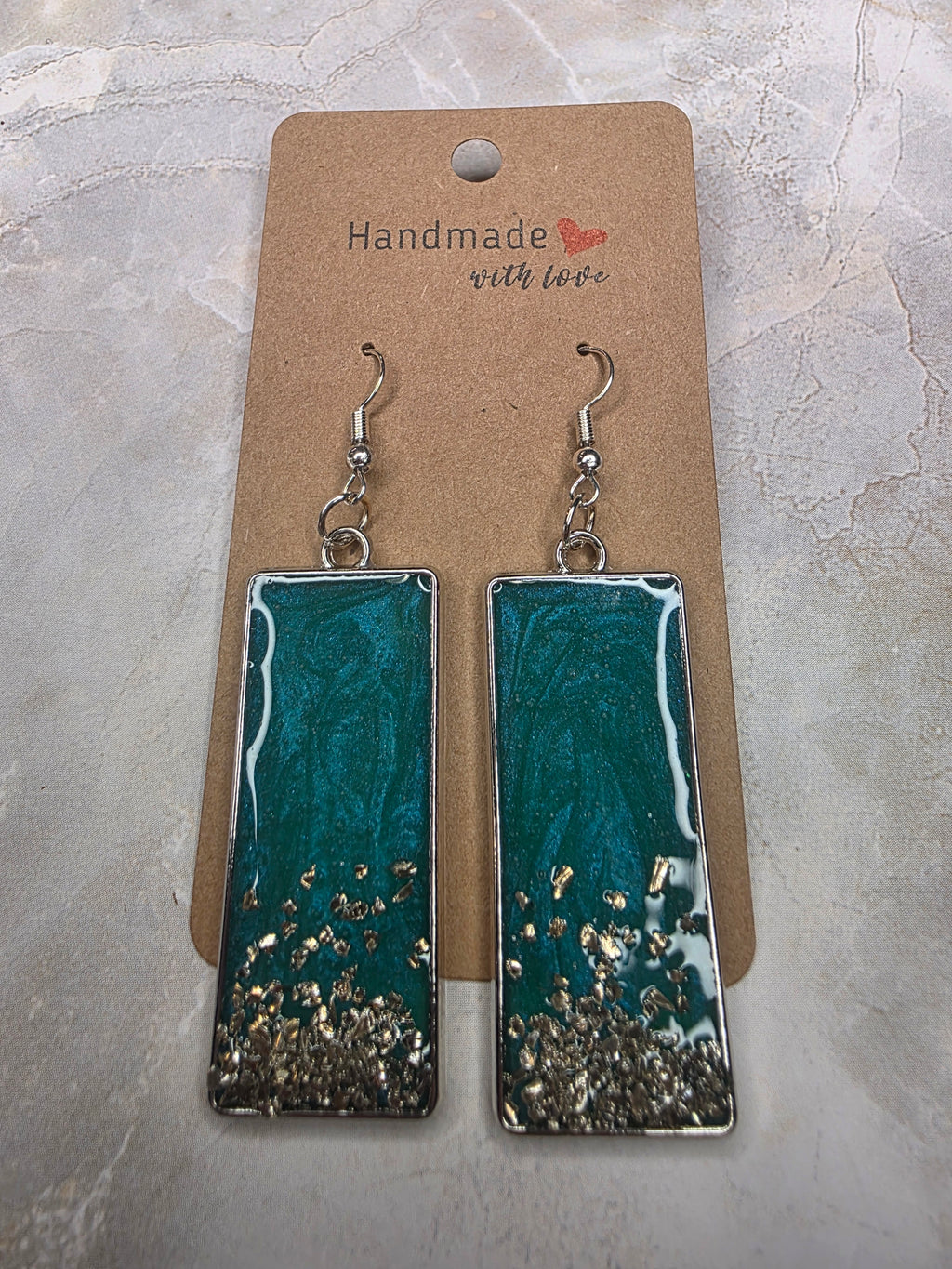 Teal & Silver Accent Resin Rectangle Earrings