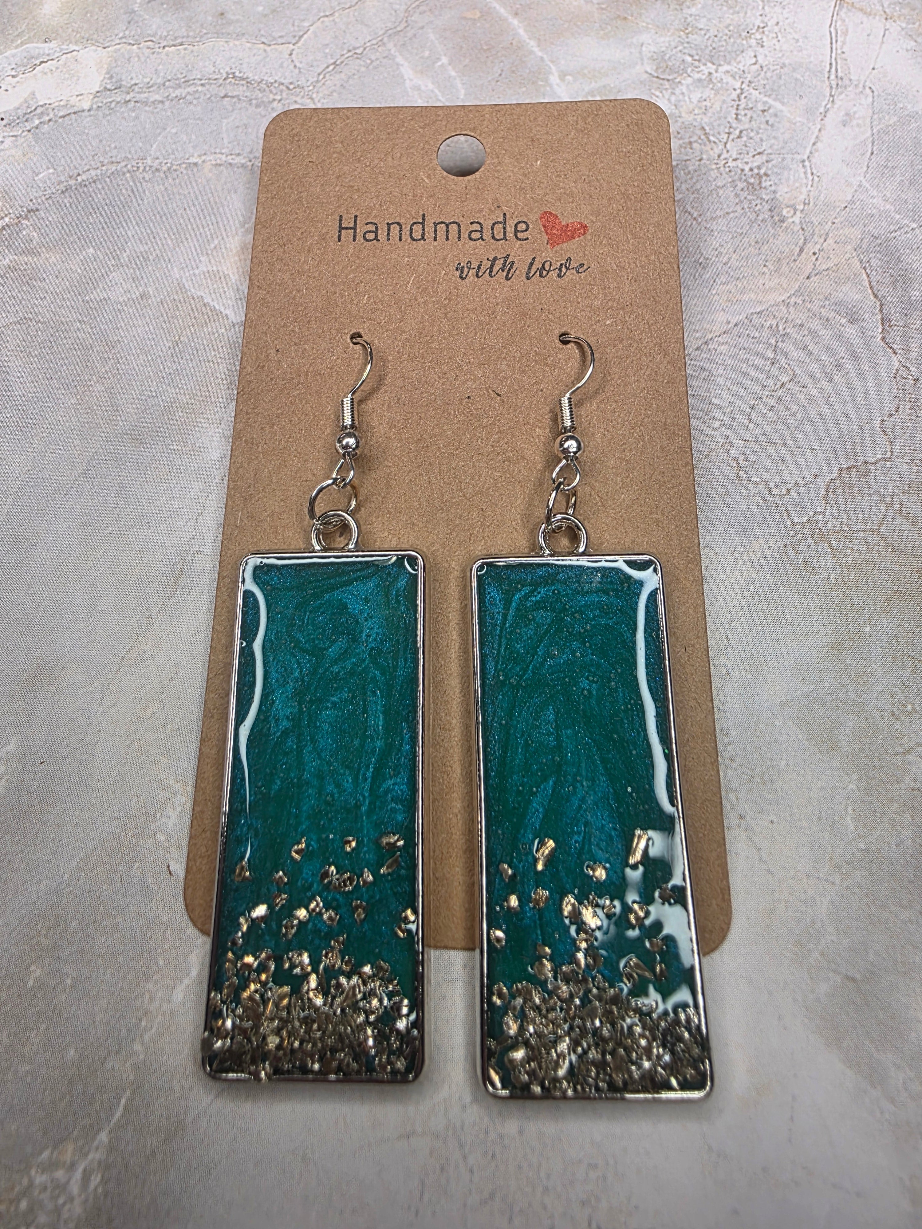Teal & Silver Accent Resin Rectangle Earrings