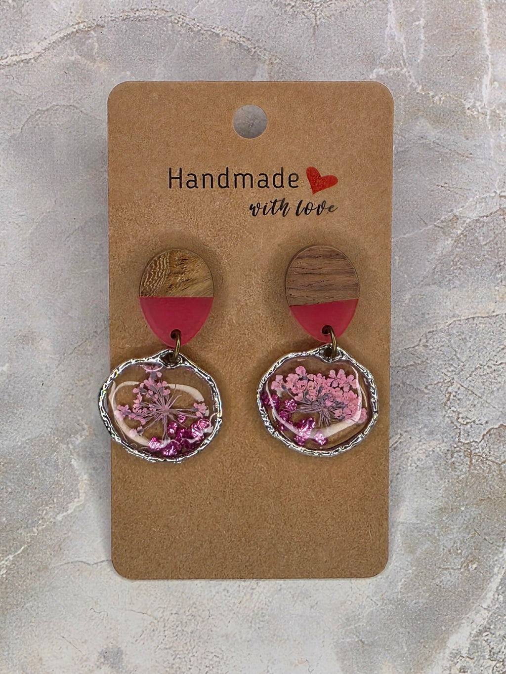 Pink Pressed Flower & Wood Dangle Earrings