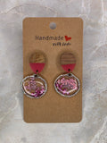Pink Pressed Flower & Wood Dangle Earrings