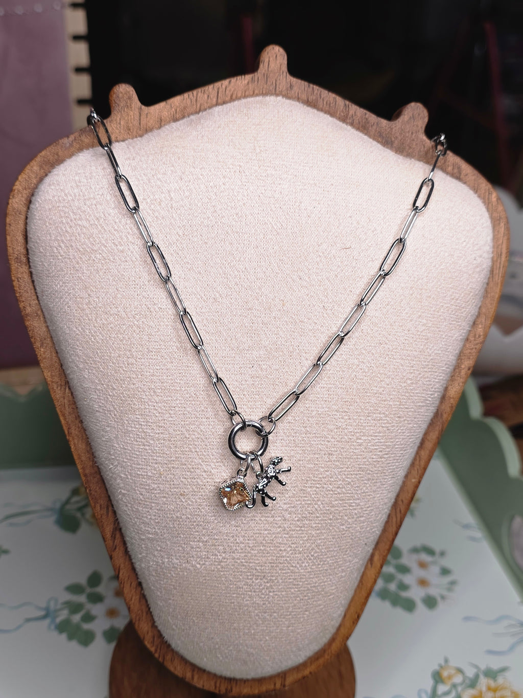 Silver Paperclip Chain Leopard & Champagne Crystal Charm Necklace