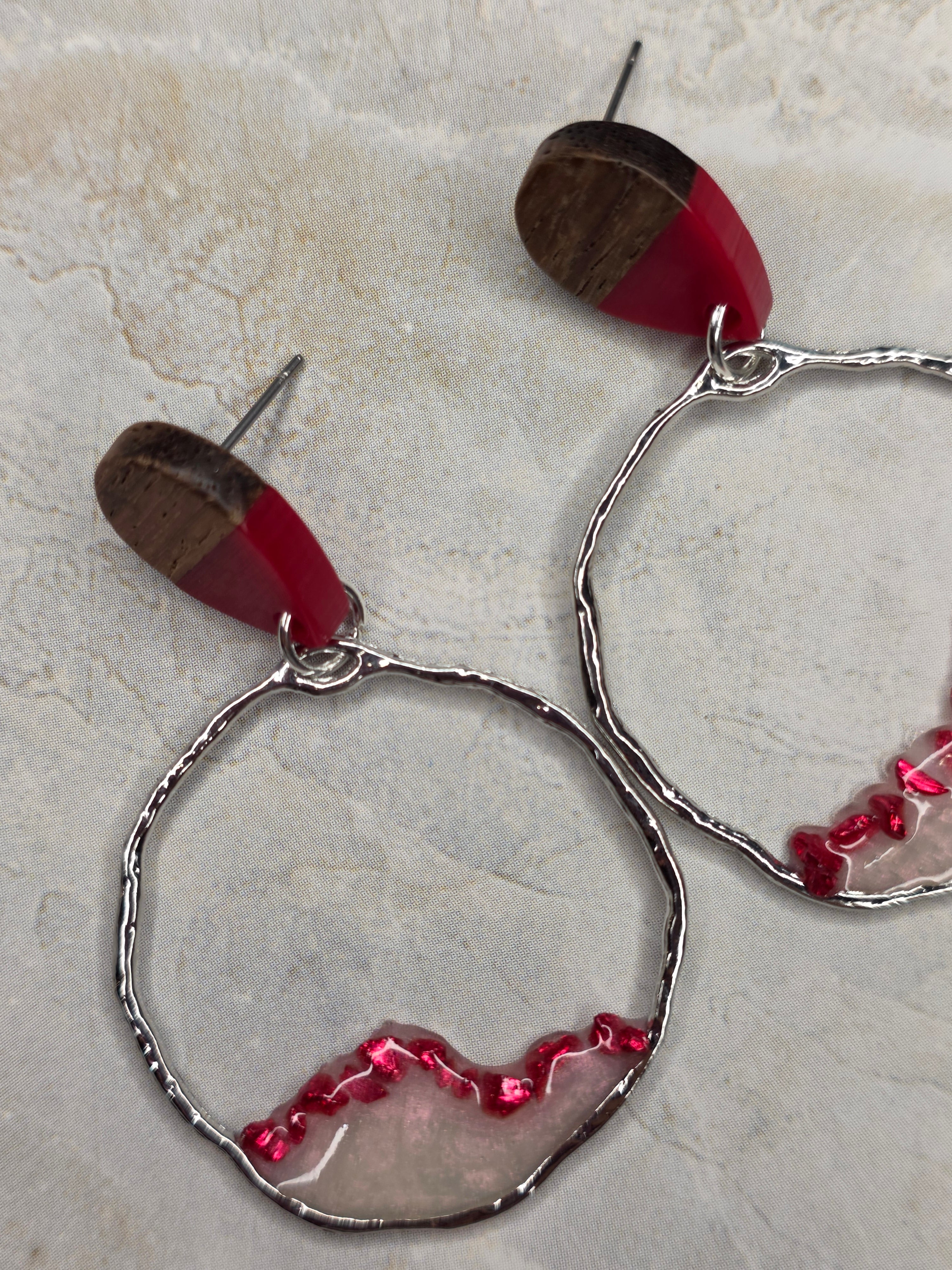 Red Resin & Wood Teardrop Stud Drop Earrings