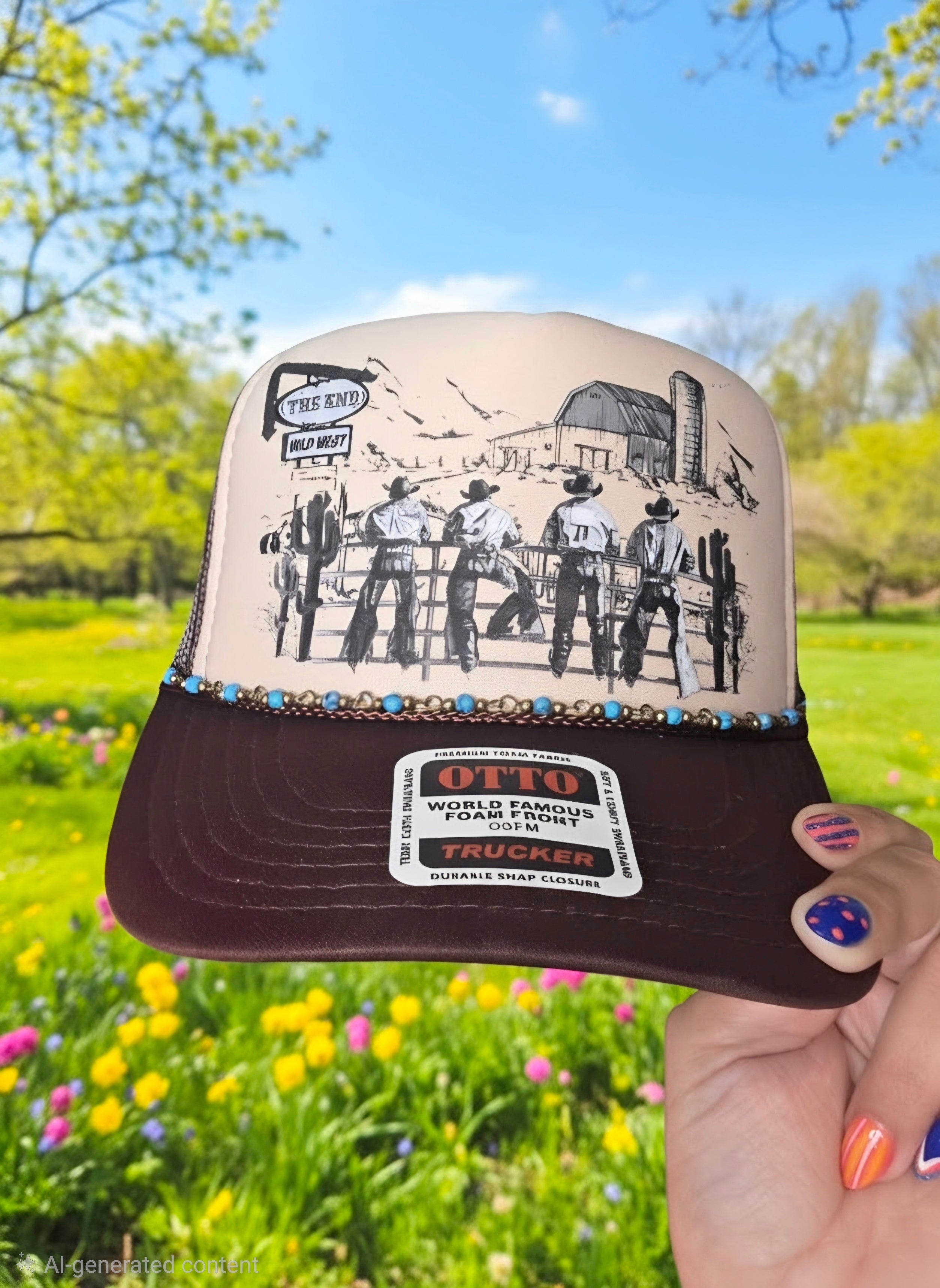A hand holds a trucker hat against a blurred outdoor background of green grass, yellow flowers, and a blue sky. The hat has a beige front panel with a black western illustration and a dark brown brim with turquoise rhinestone trim.
