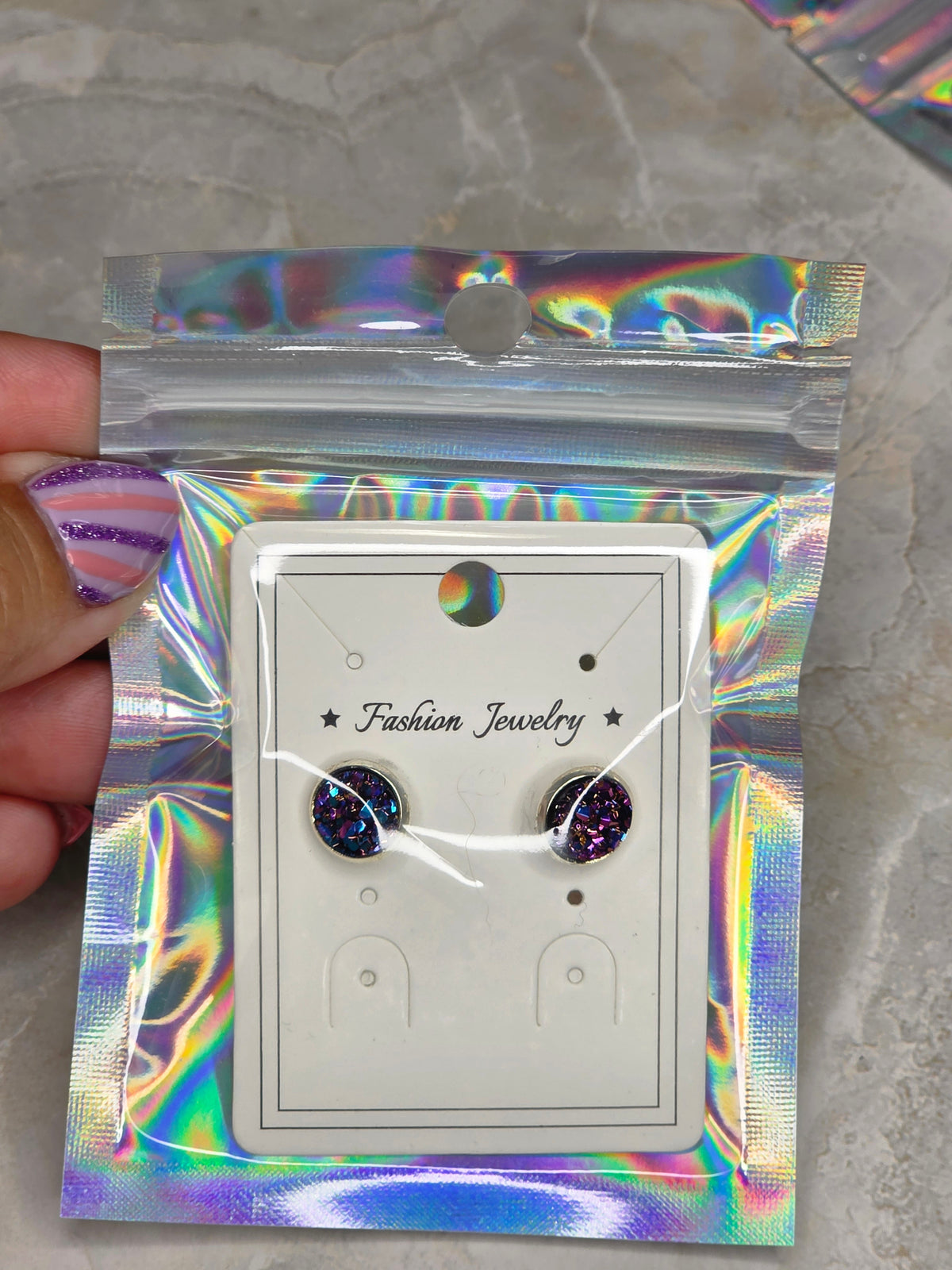 Galaxy Druzy Stud Earrings Purple