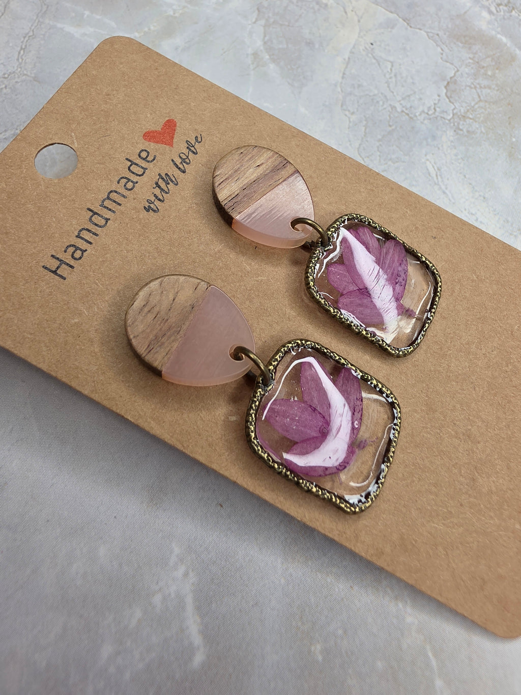 Purple Pressed Flower & Wood Dangle Earrings