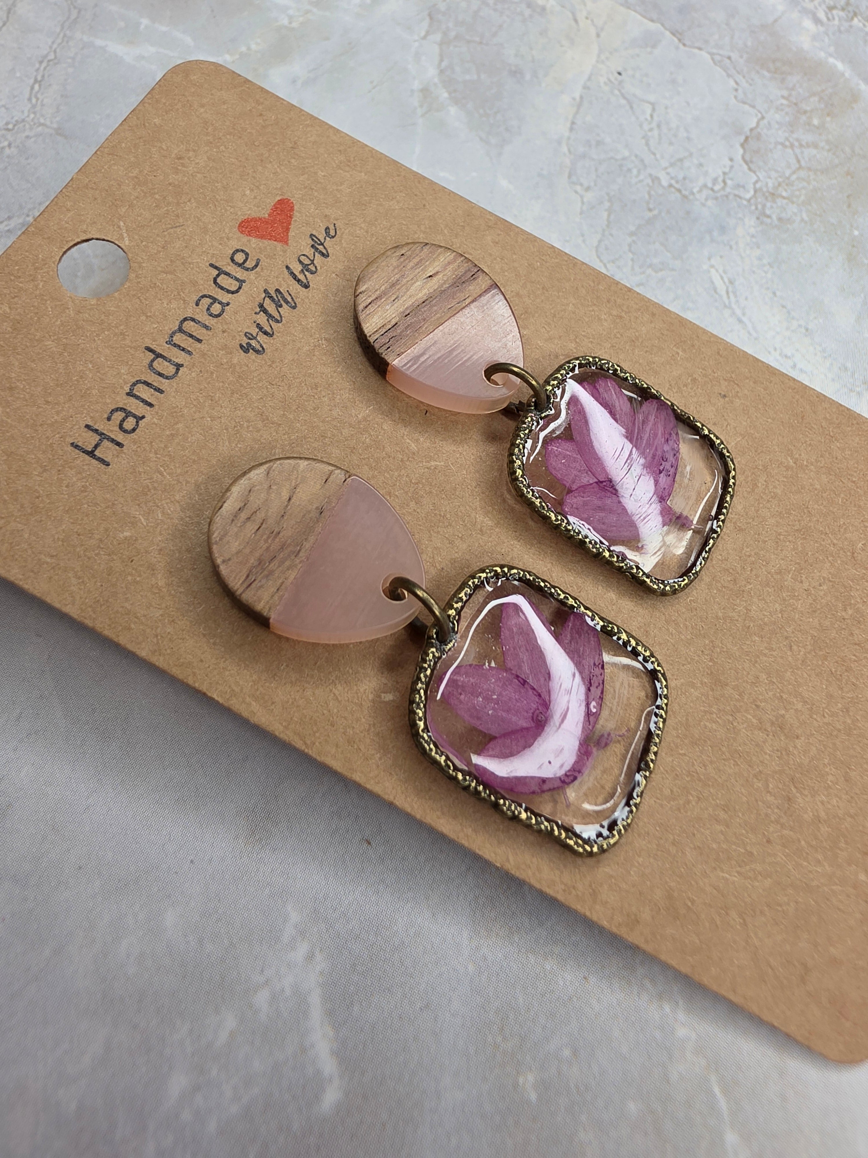 Purple Pressed Flower & Wood Dangle Earrings