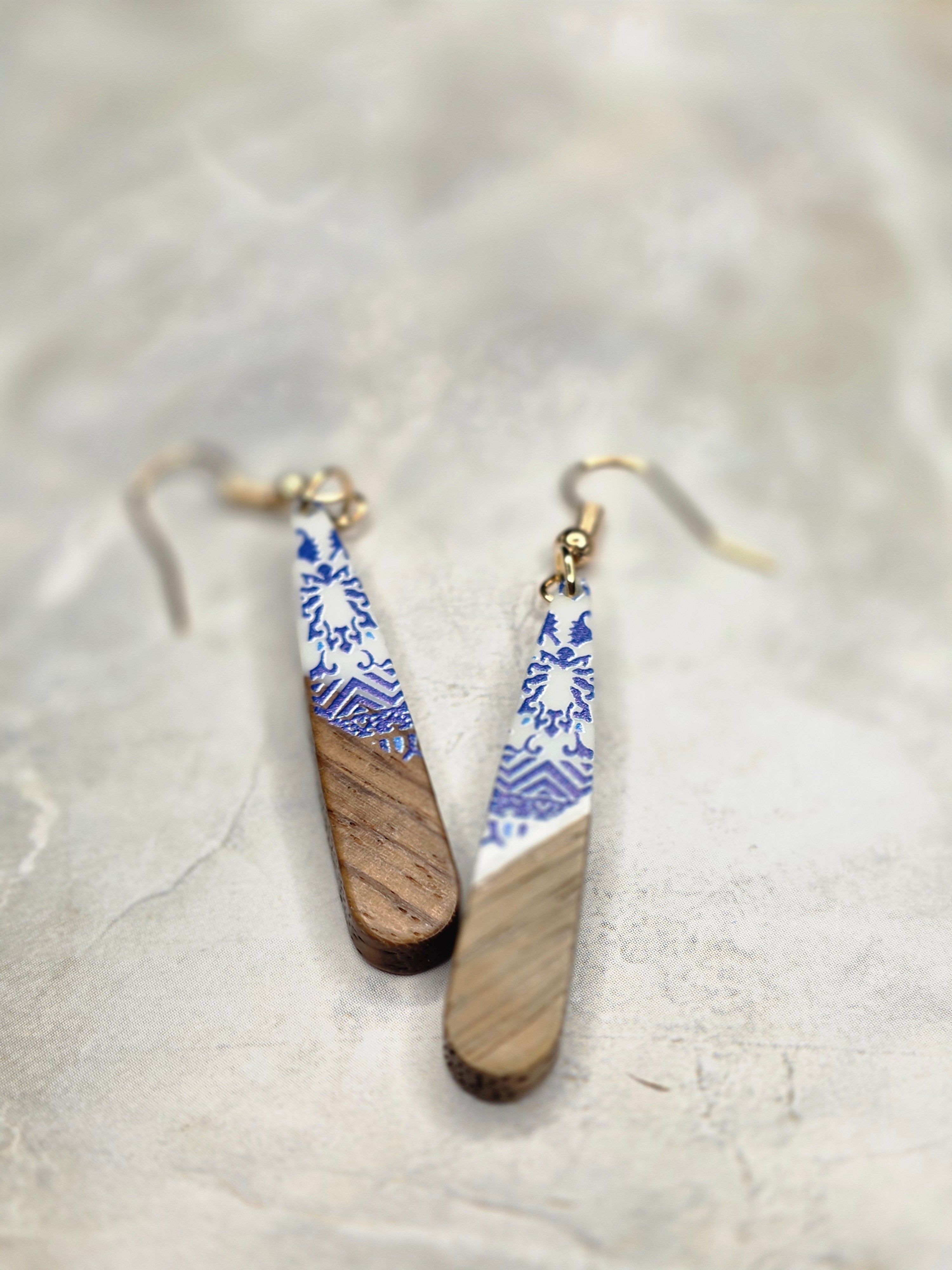 Blue Floral Wood & Resin Spike Drop Earrings