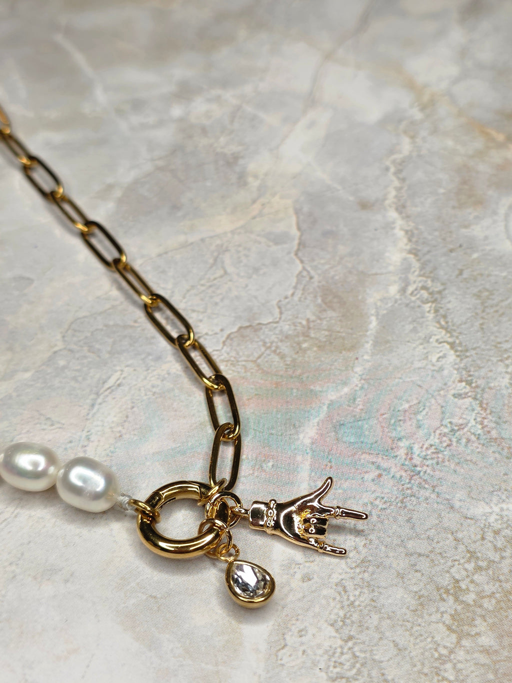 I Love You Half Pearl & Gold Paperclip Chain Necklace