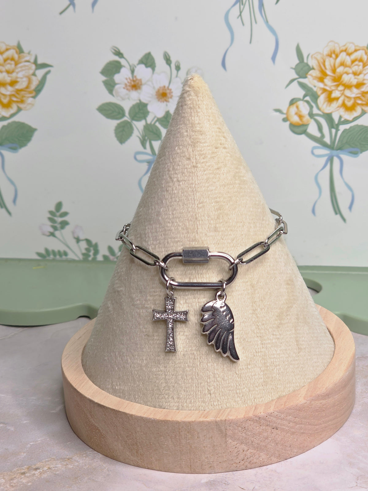 Crystal Cross & Angel Wing Charm Bracelet