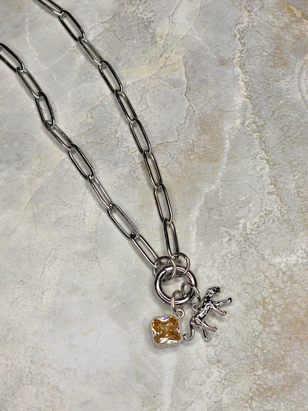 Silver Paperclip Chain Leopard & Champagne Crystal Charm Necklace