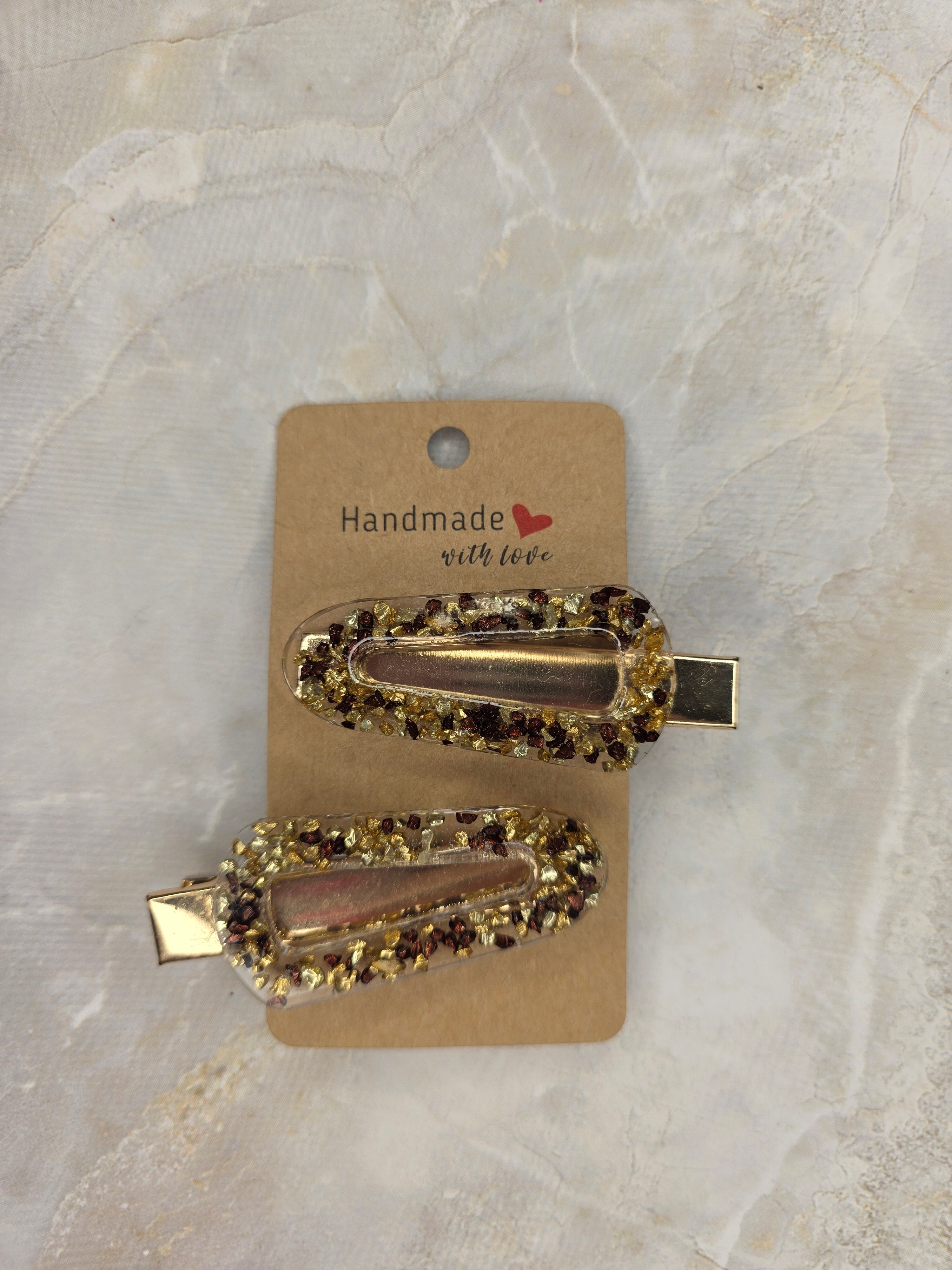 Handmade Resin Hair Clips – Gold & Brown (Set of 2)