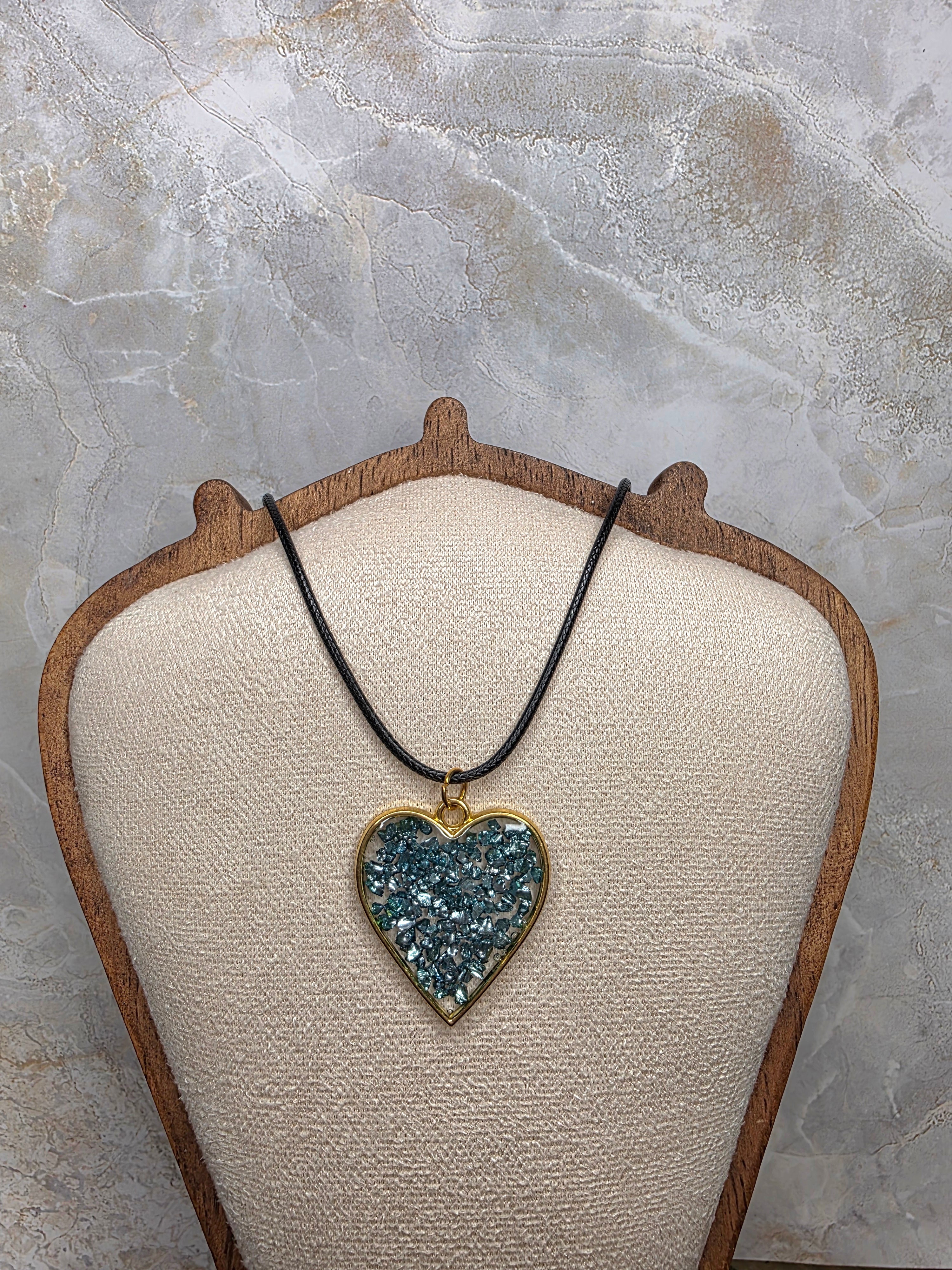 Heart Pendant Necklace with Teal Crushed Glass