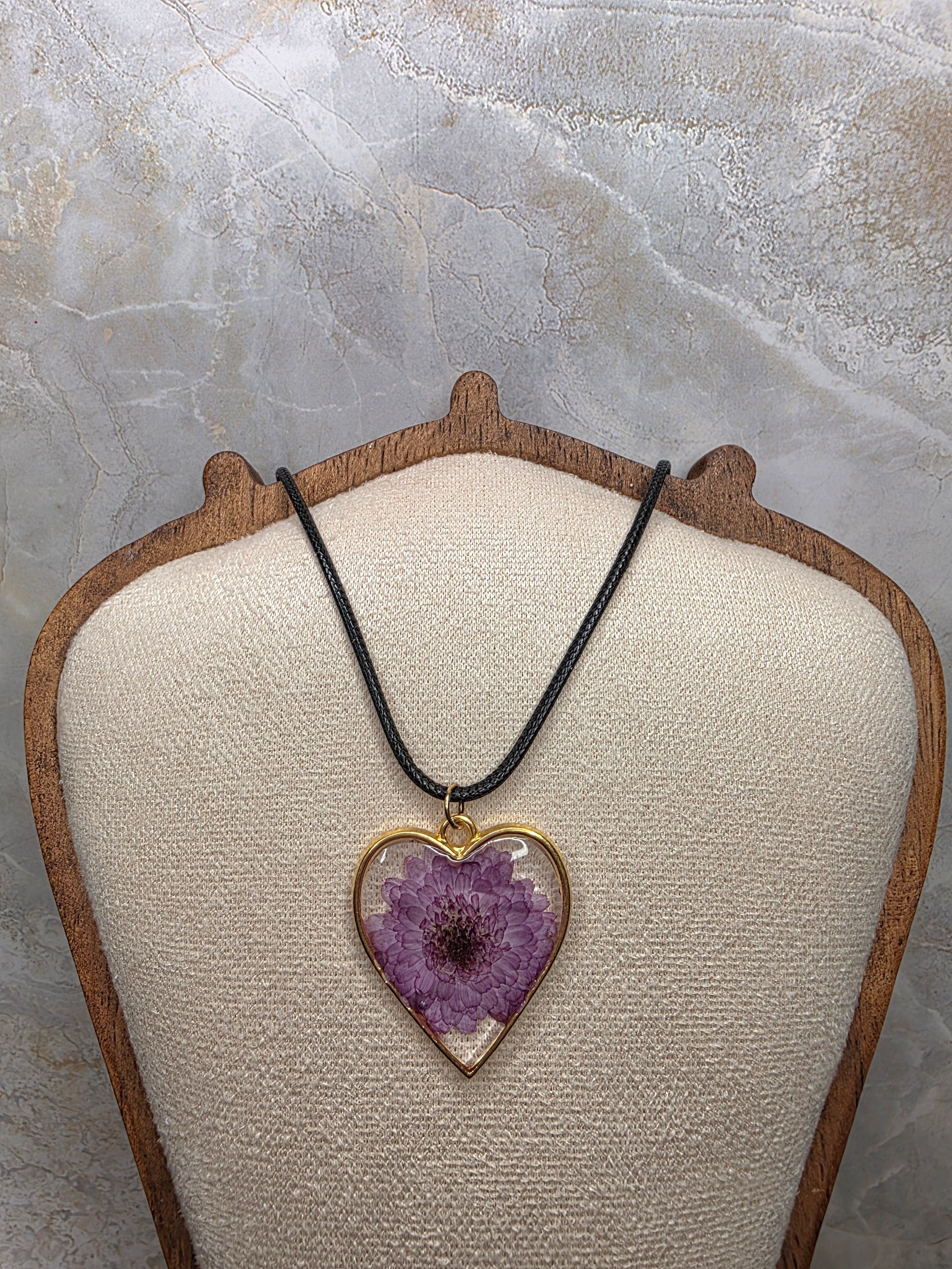 Pressed Purple Flower Heart Pendant Necklace