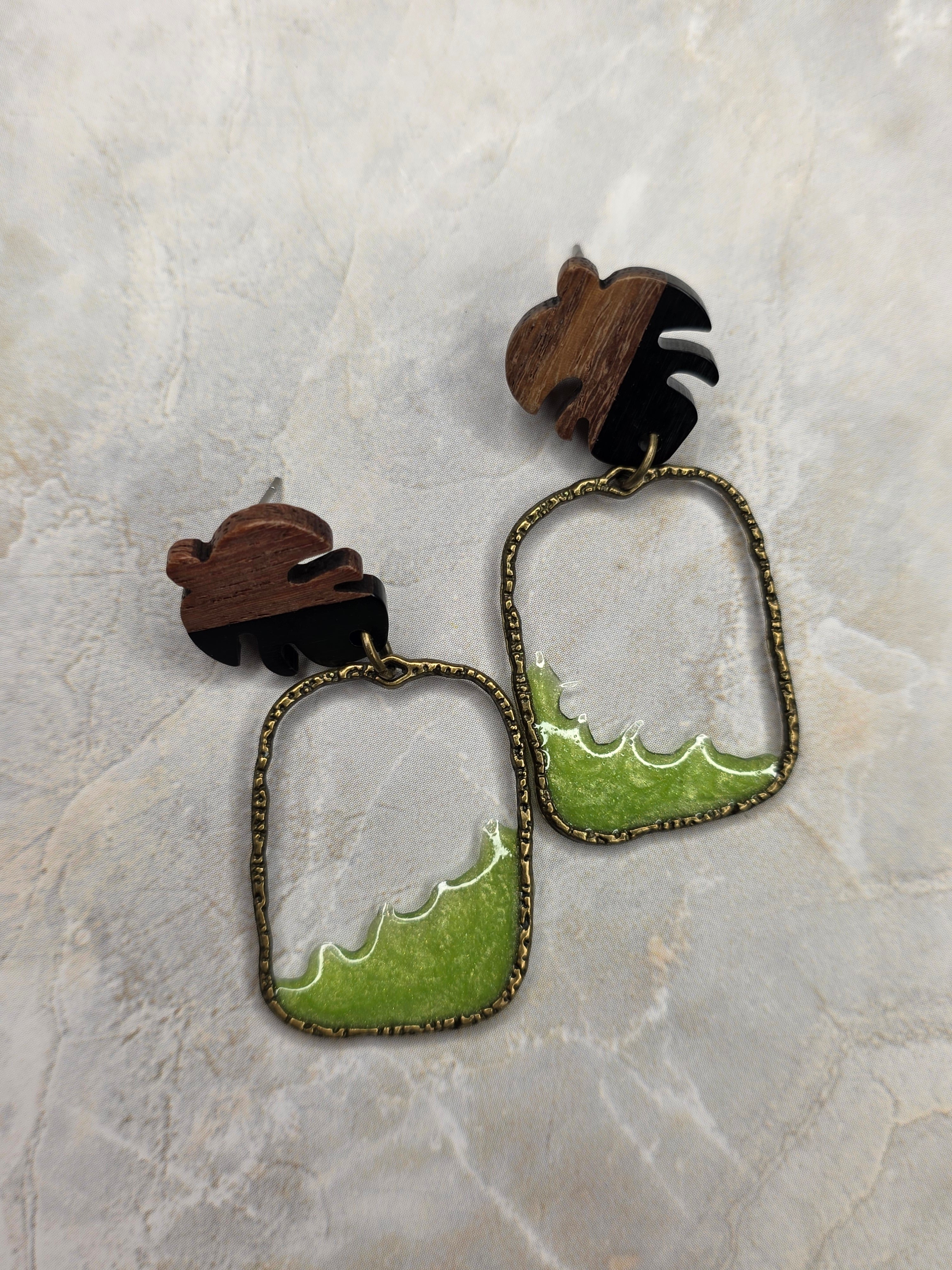 Wood & Resin Monstera Leaf Dangle Earrings |