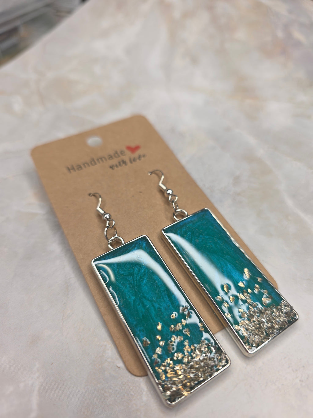 Teal & Silver Accent Resin Rectangle Earrings