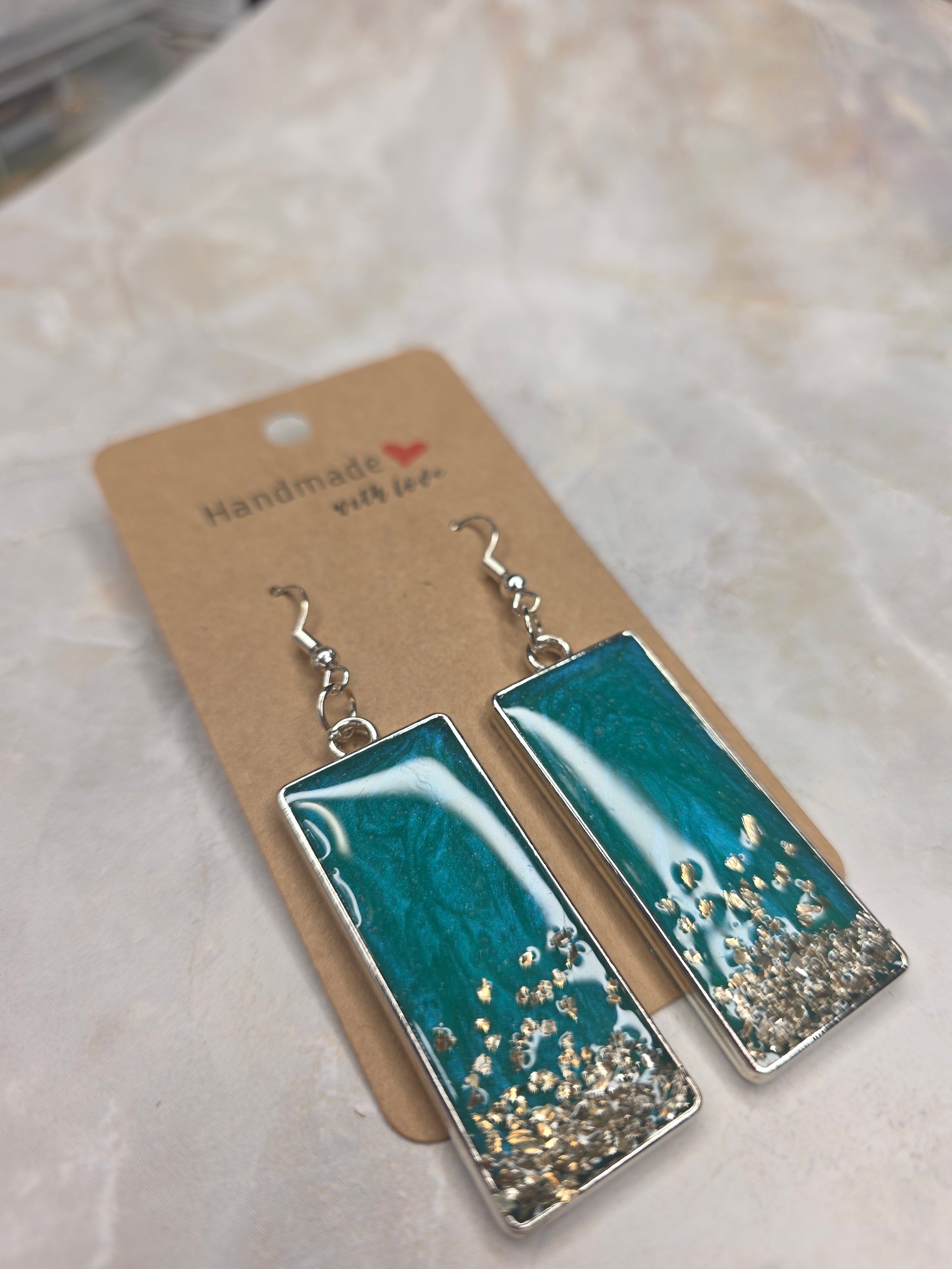 Teal & Silver Accent Resin Rectangle Earrings