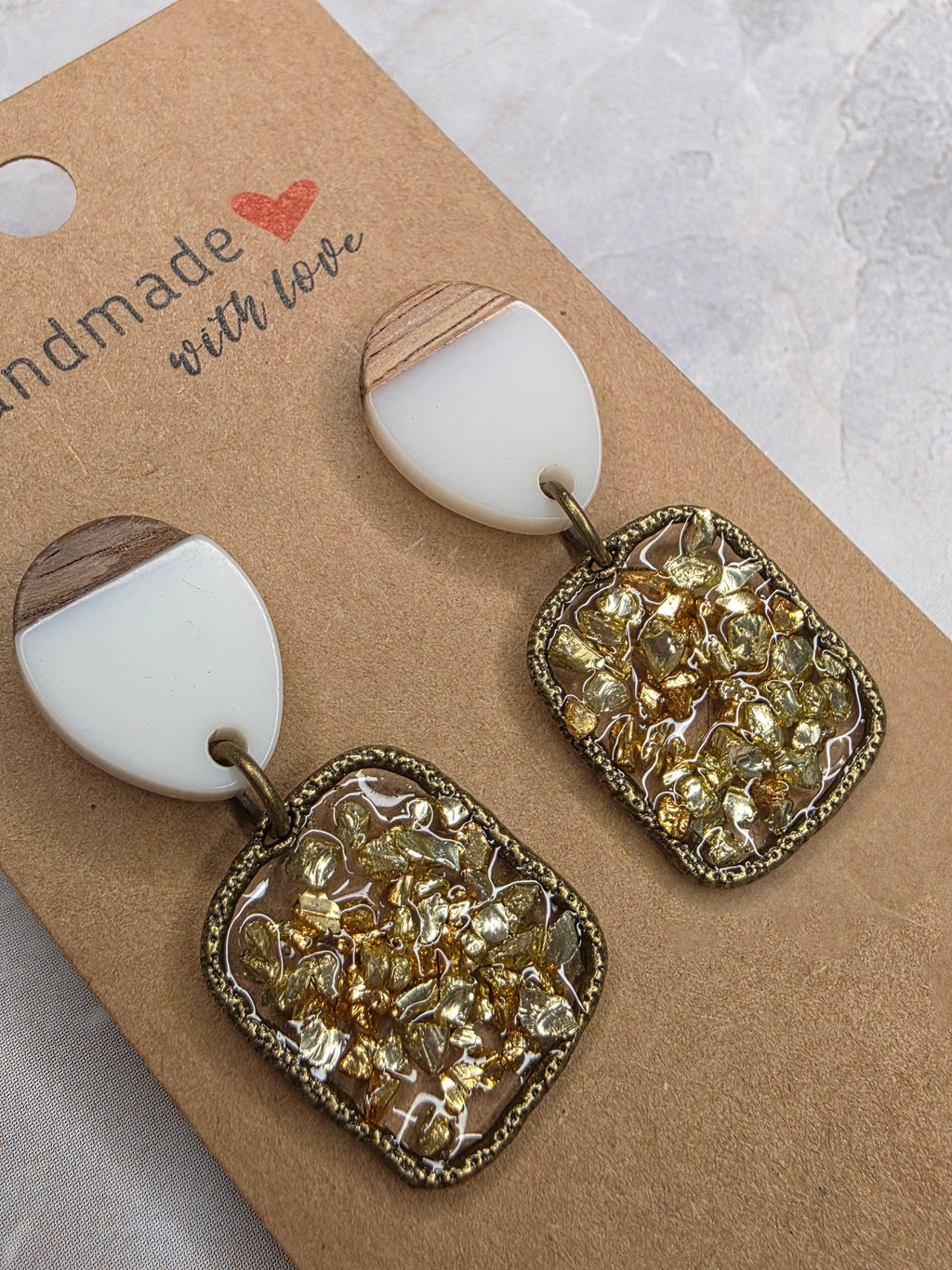 Gold Crushed Glass & Wood Drop Earrings
