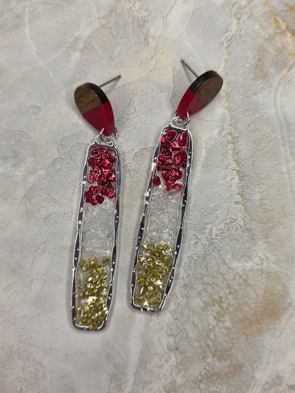 Wood & Red Gold Chip Resin Earrings