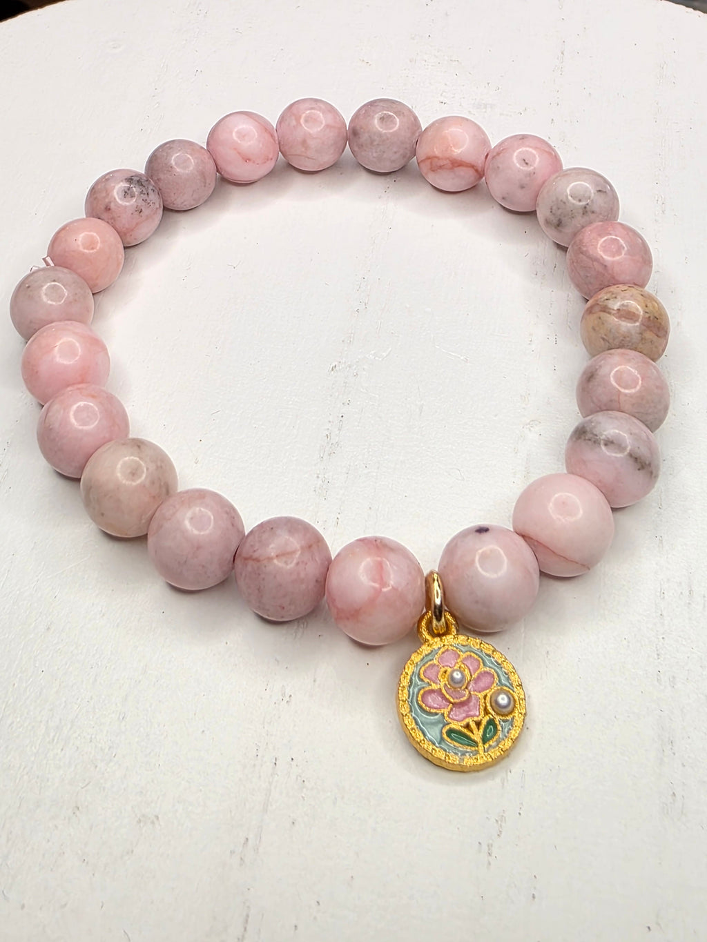 Pink Zebra Jasper Flower Charm Bracelet
