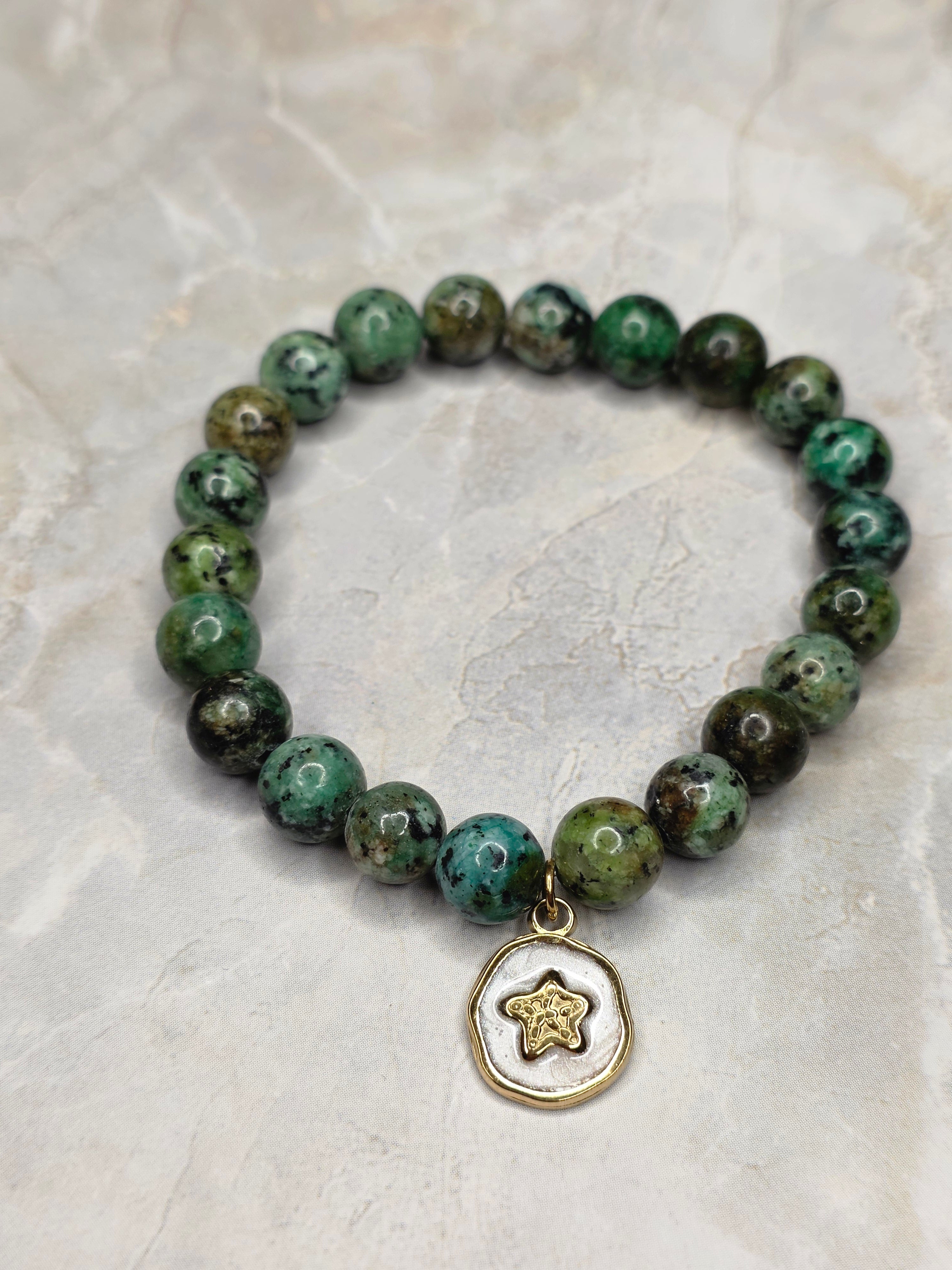 African Turquoise Stone of Calm Bracelet with Gold Starfish Charm