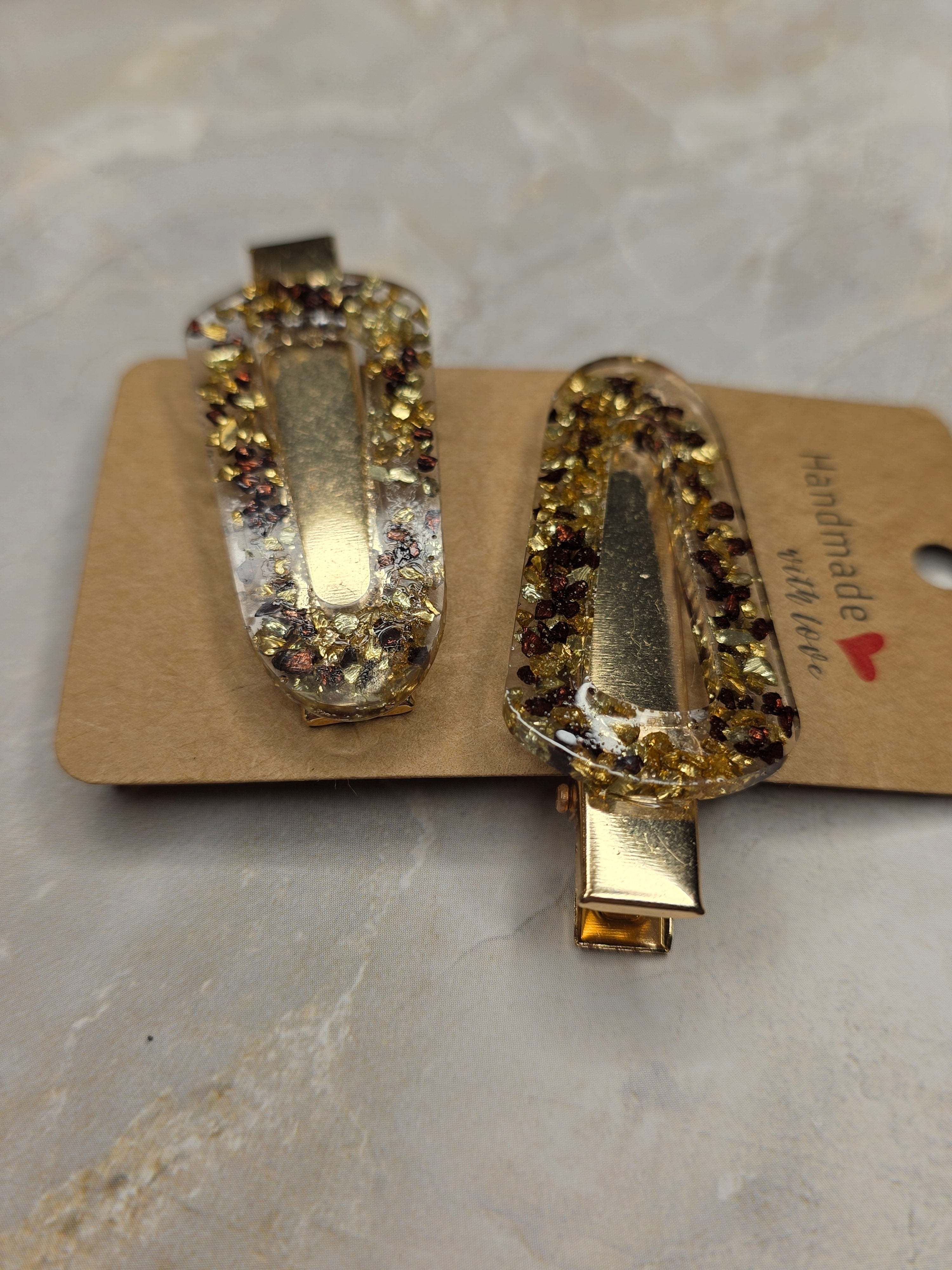 Handmade Resin Hair Clips – Gold & Brown (Set of 2)