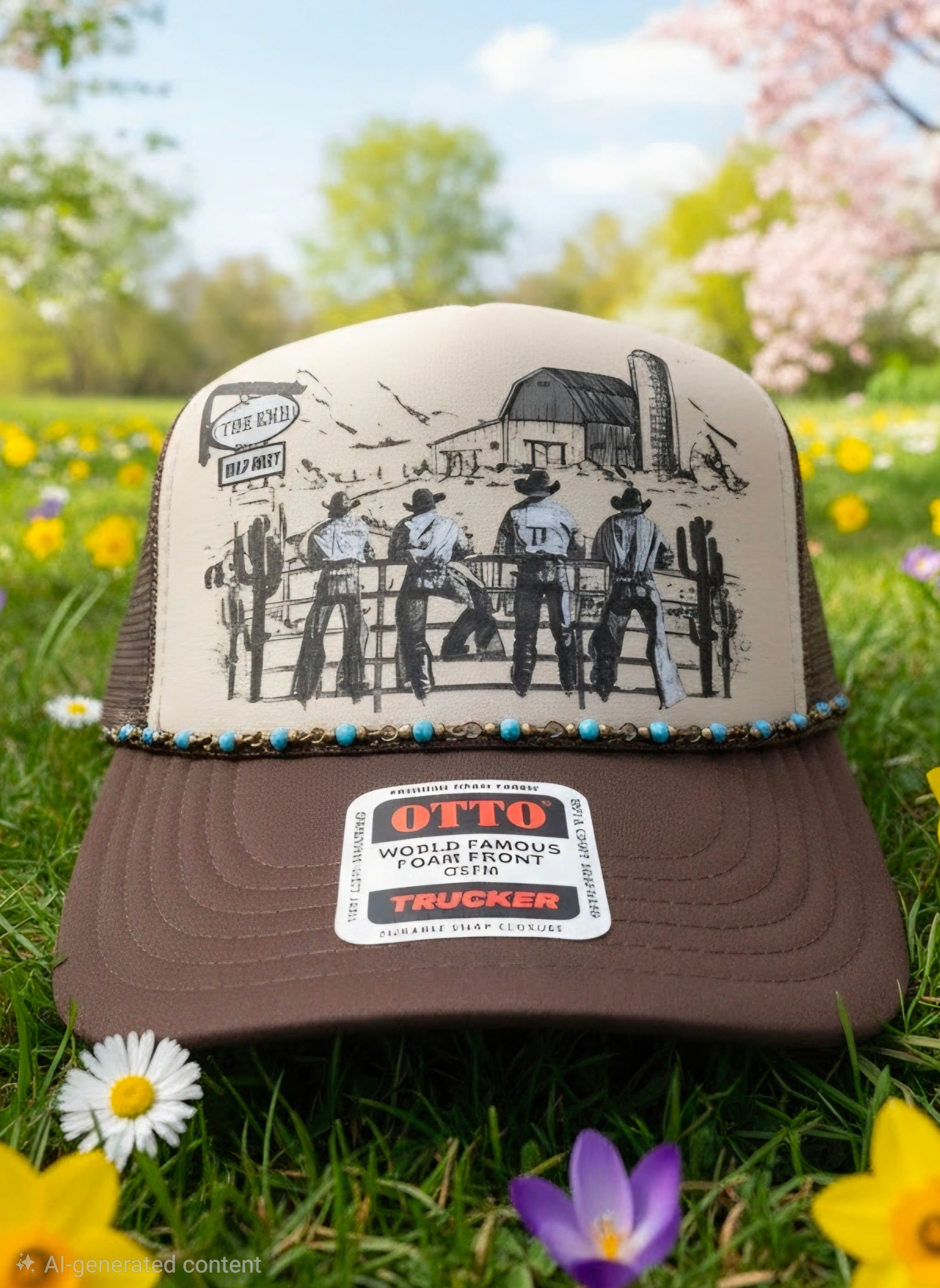 A brown and beige trucker hat with a western-themed illustration on the front panel, resting on a grassy lawn with flowers and a blurred outdoor background. The hat features a visible 'Otto Trucker' brand patch on the brim.