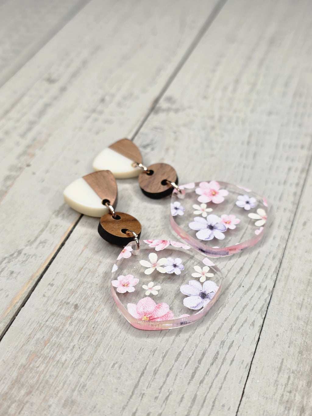 Cherry Blossom Acrylic & Wood Dangle Earrings