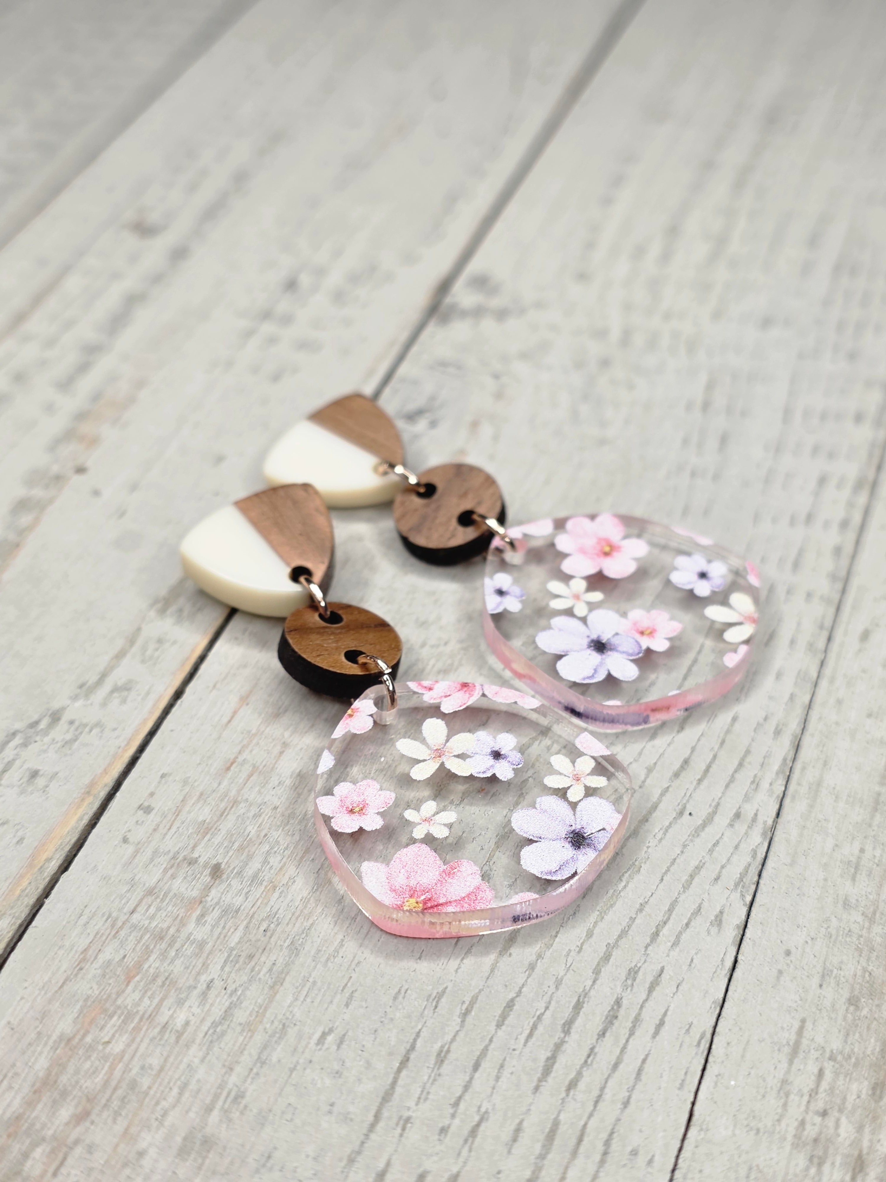 Cherry Blossom Acrylic & Wood Dangle Earrings
