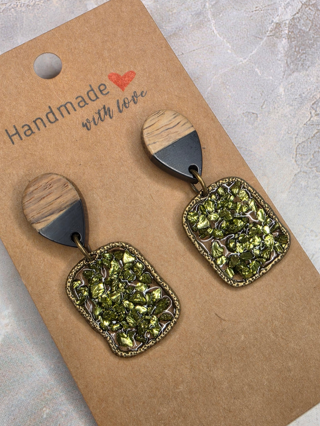 Green Crushed Glass & Wood Resin Drop Earrings