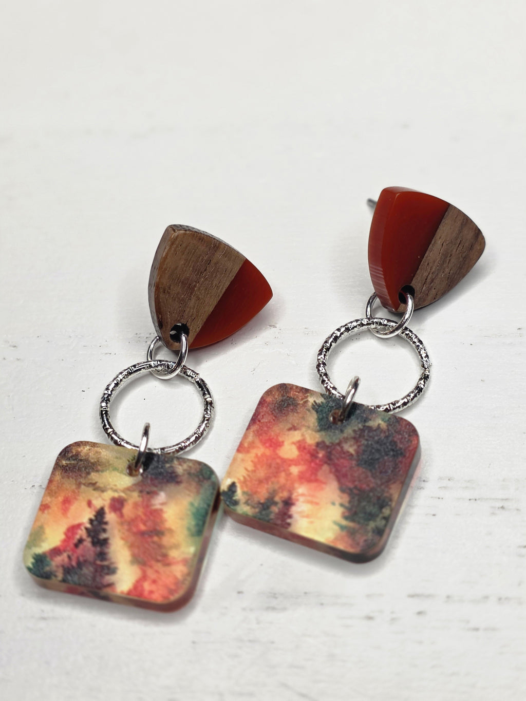 Autumn Forest Wood & Resin Dangle Earrings