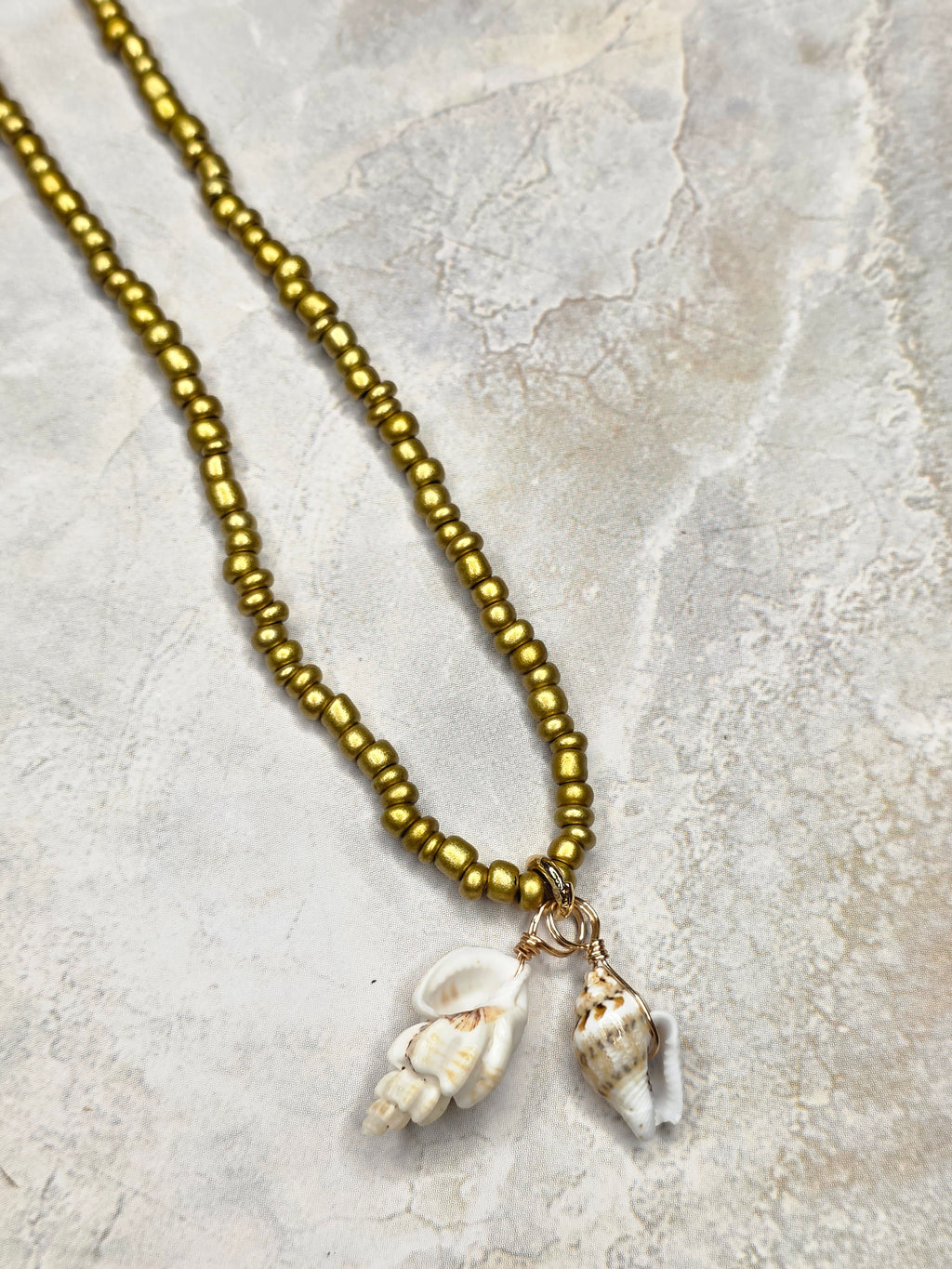Gold Seed Bead & Wire-Wrapped Shell Charm Necklace