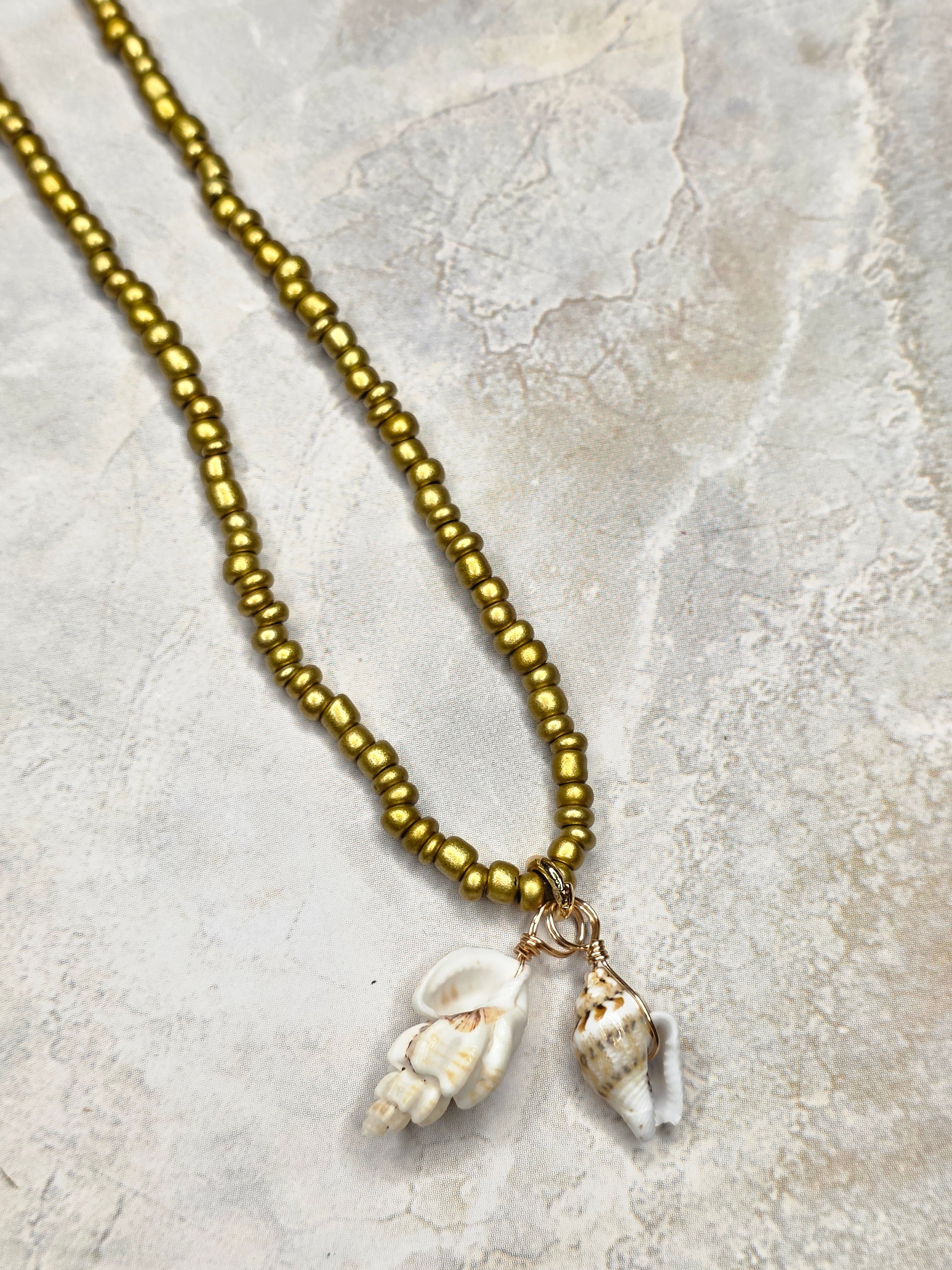 Gold Seed Bead & Wire-Wrapped Shell Charm Necklace