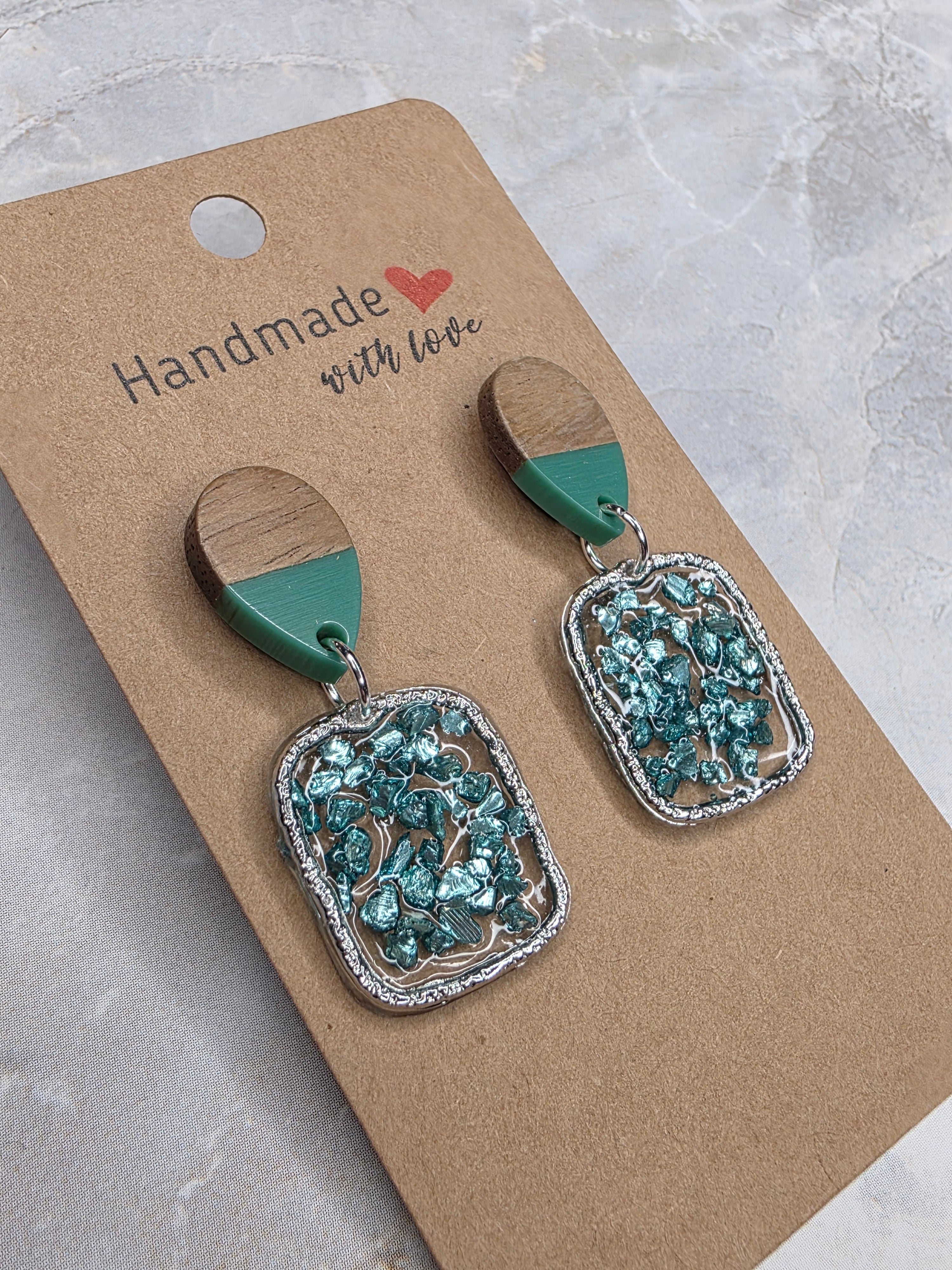 Teal Crushed Glass & Wood Resin Drop Earrings | Statement Earrings