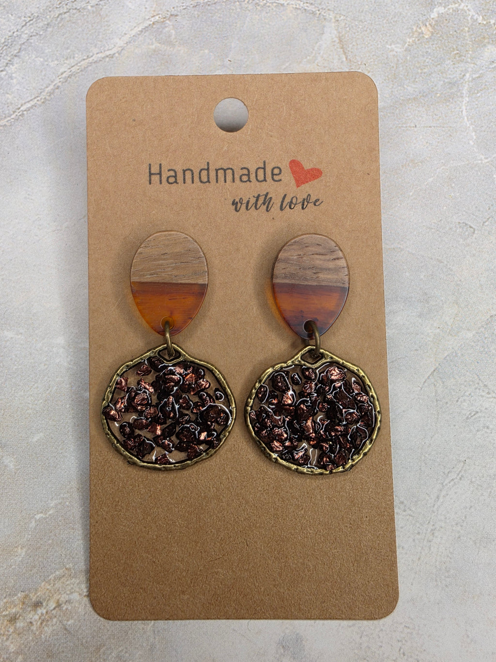 Wood Resin & Bronze Crushed Glass Drop Earrings