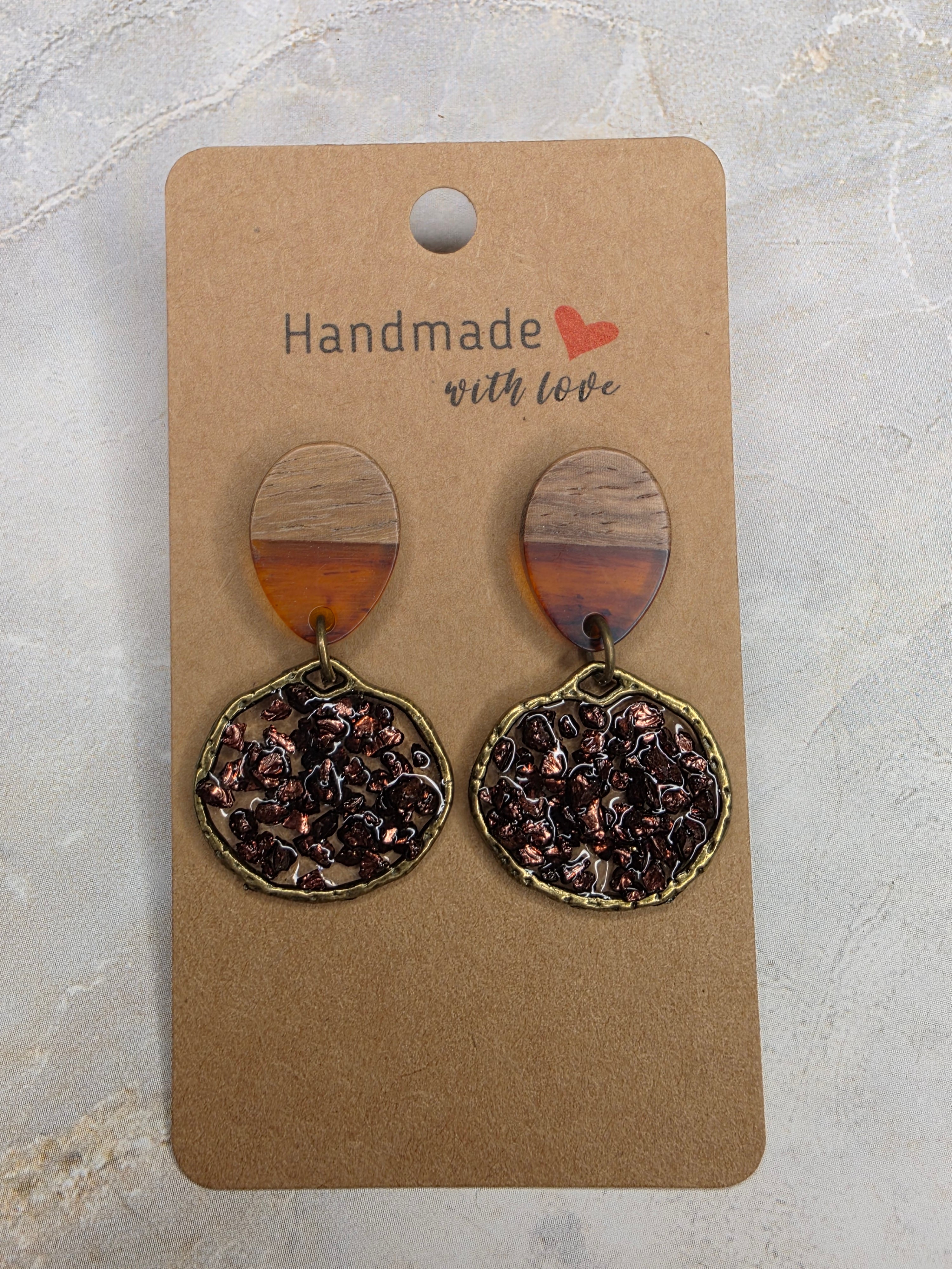 Wood Resin & Bronze Crushed Glass Drop Earrings