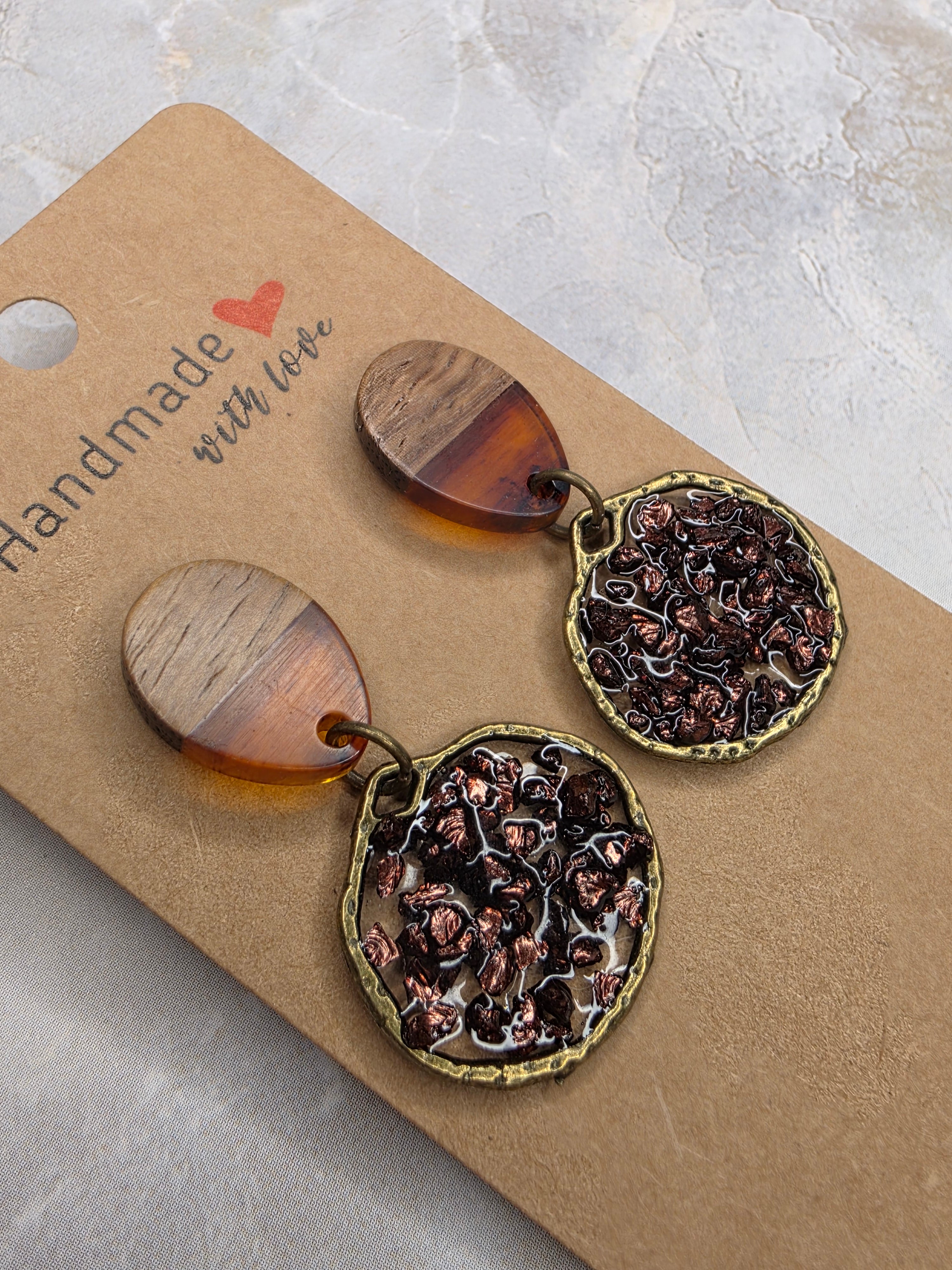 Wood Resin & Bronze Crushed Glass Drop Earrings