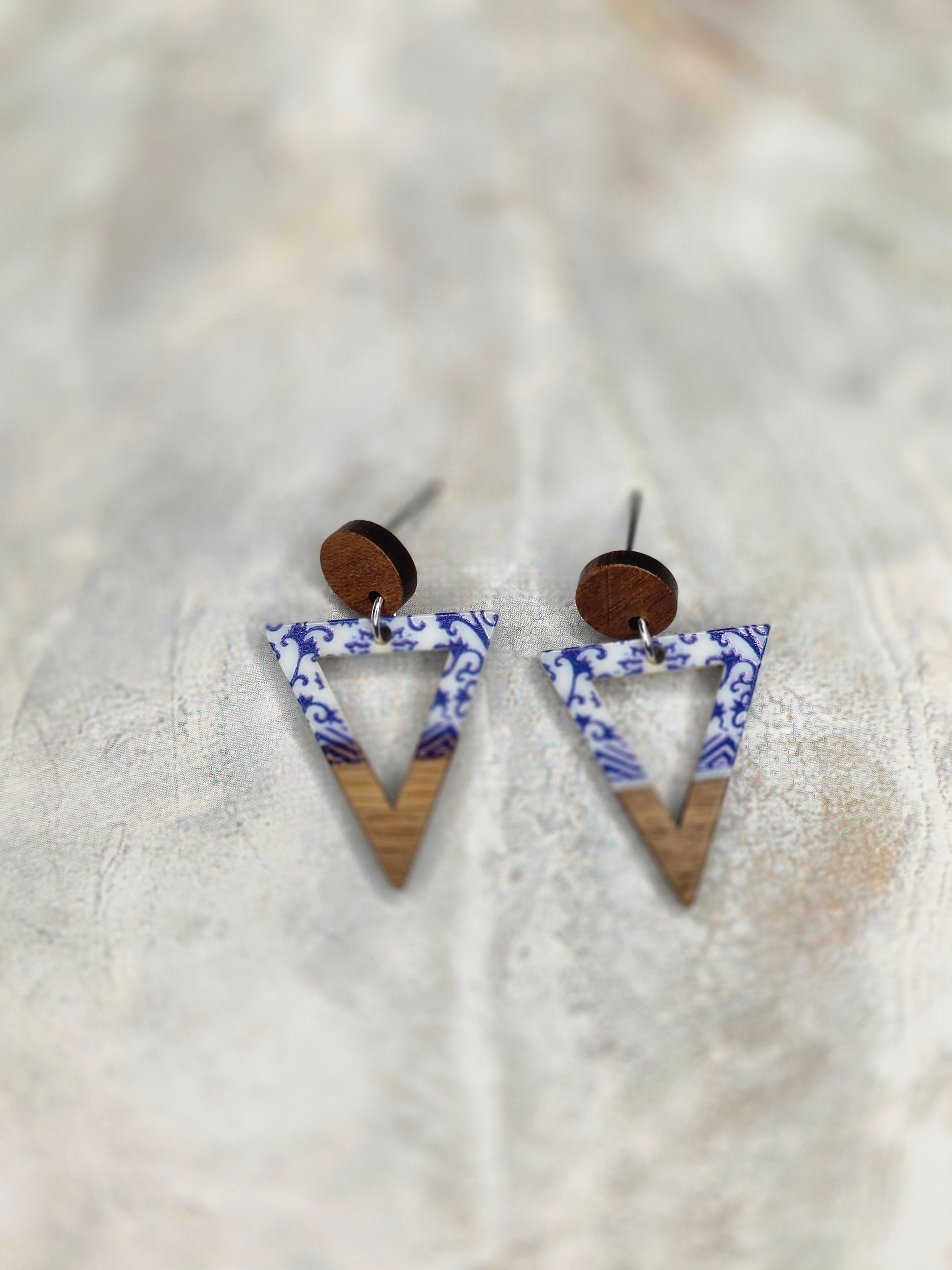 Blue Floral Wood & Resin Triangle Drop Earrings
