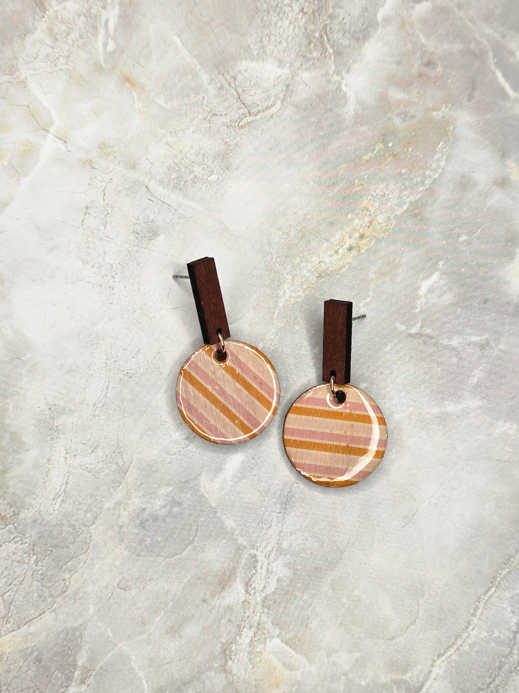 Terracotta Stripe Resin & Wood Bar Drop Earrings