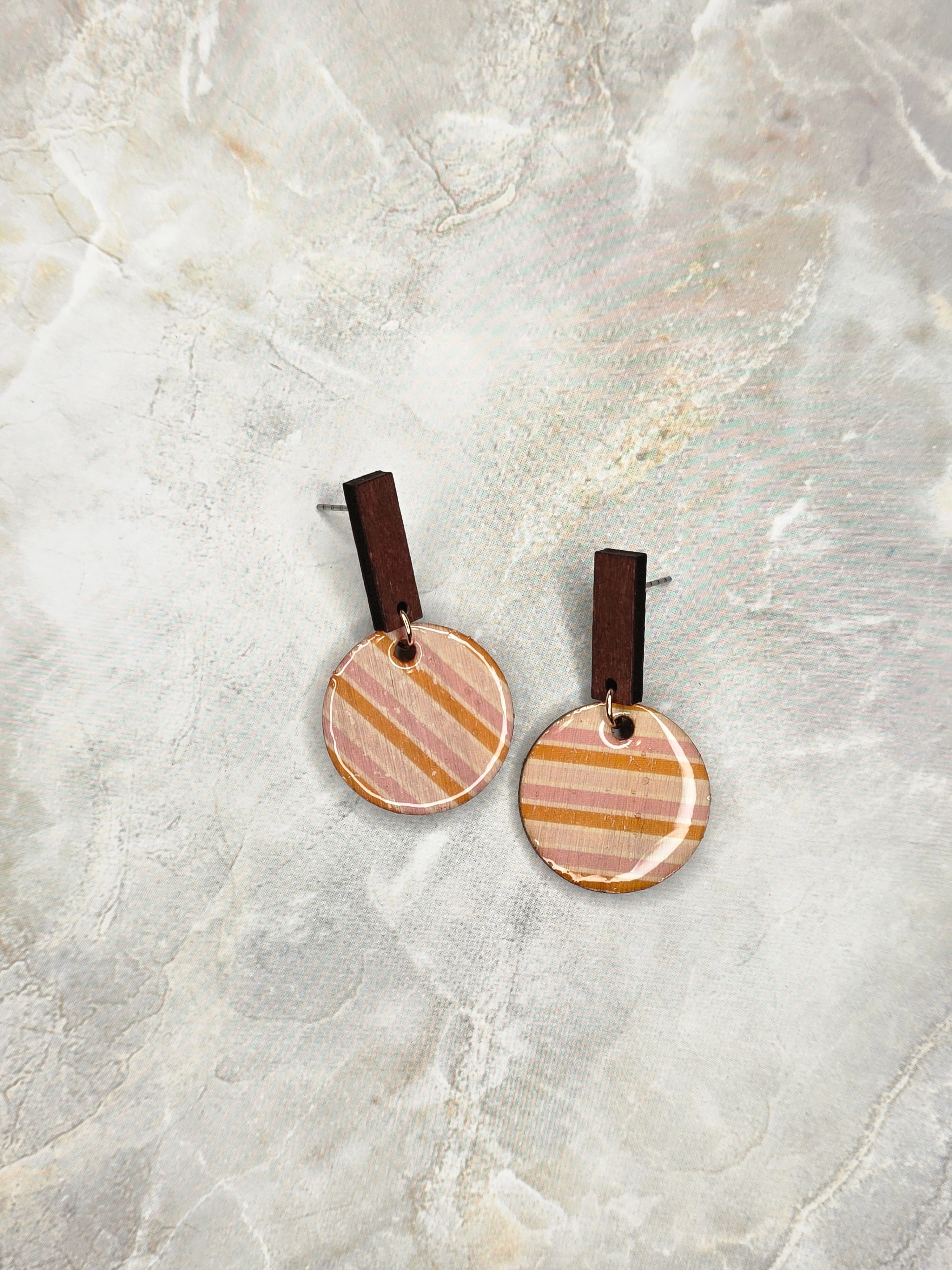 Terracotta Stripe Resin & Wood Bar Drop Earrings