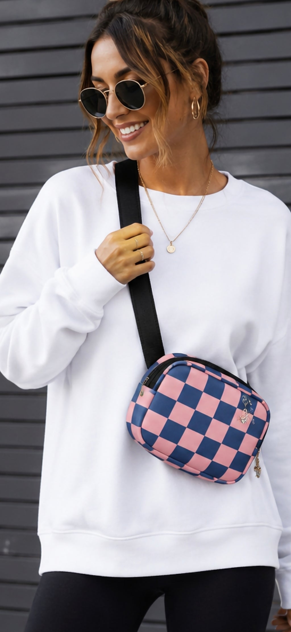 Pink & Blue Checkered Charm Crossbody Bag