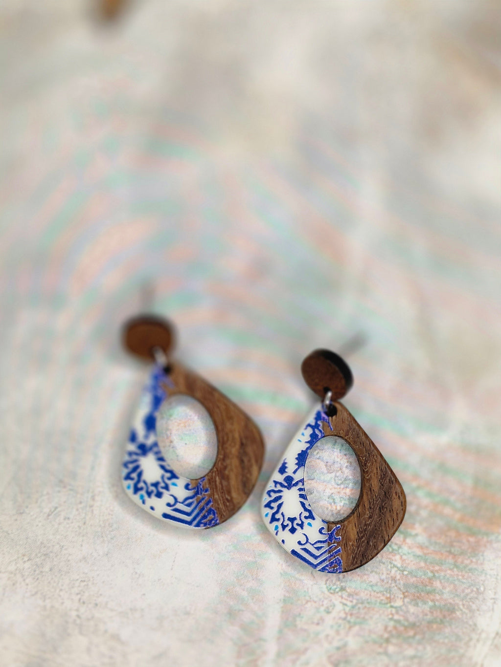 Blue Tile Resin & Wood Drop Earrings