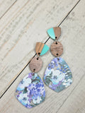 Blue Floral Acrylic & Wood Dangle Earrings